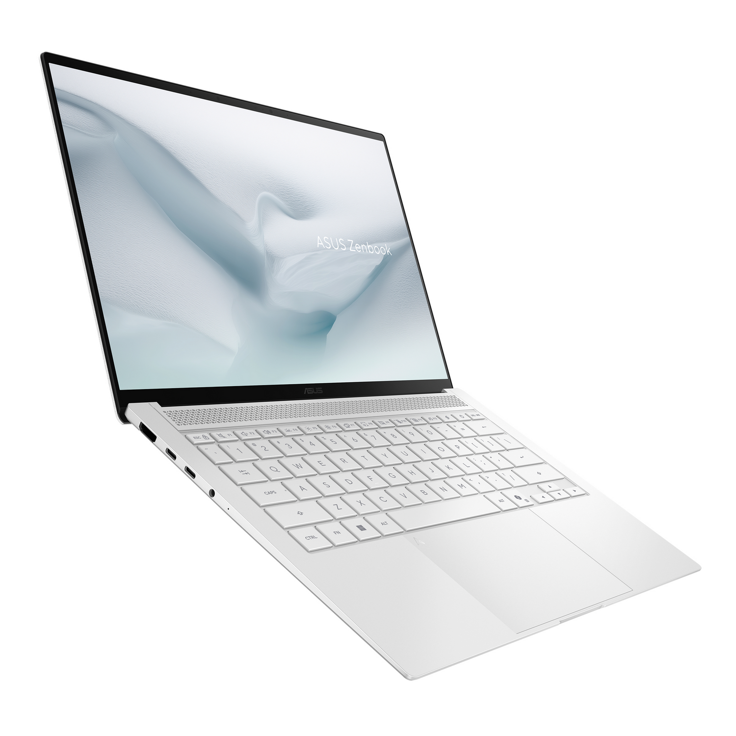Un portátil ASUS Zenbook blanco con teclado y panel táctil.