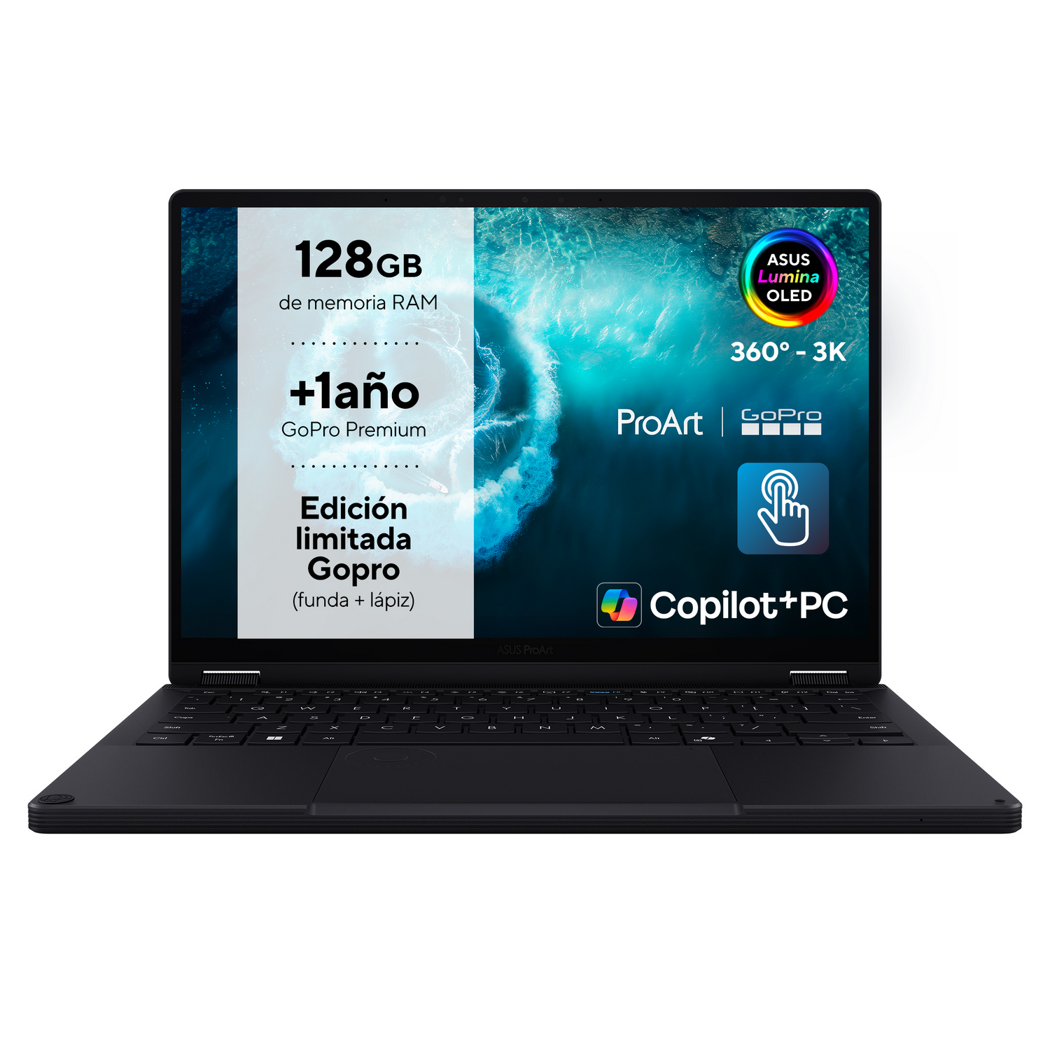 Portátil negro con pantalla ASUS Lumina OLED, 128GB RAM, 360°-3K.