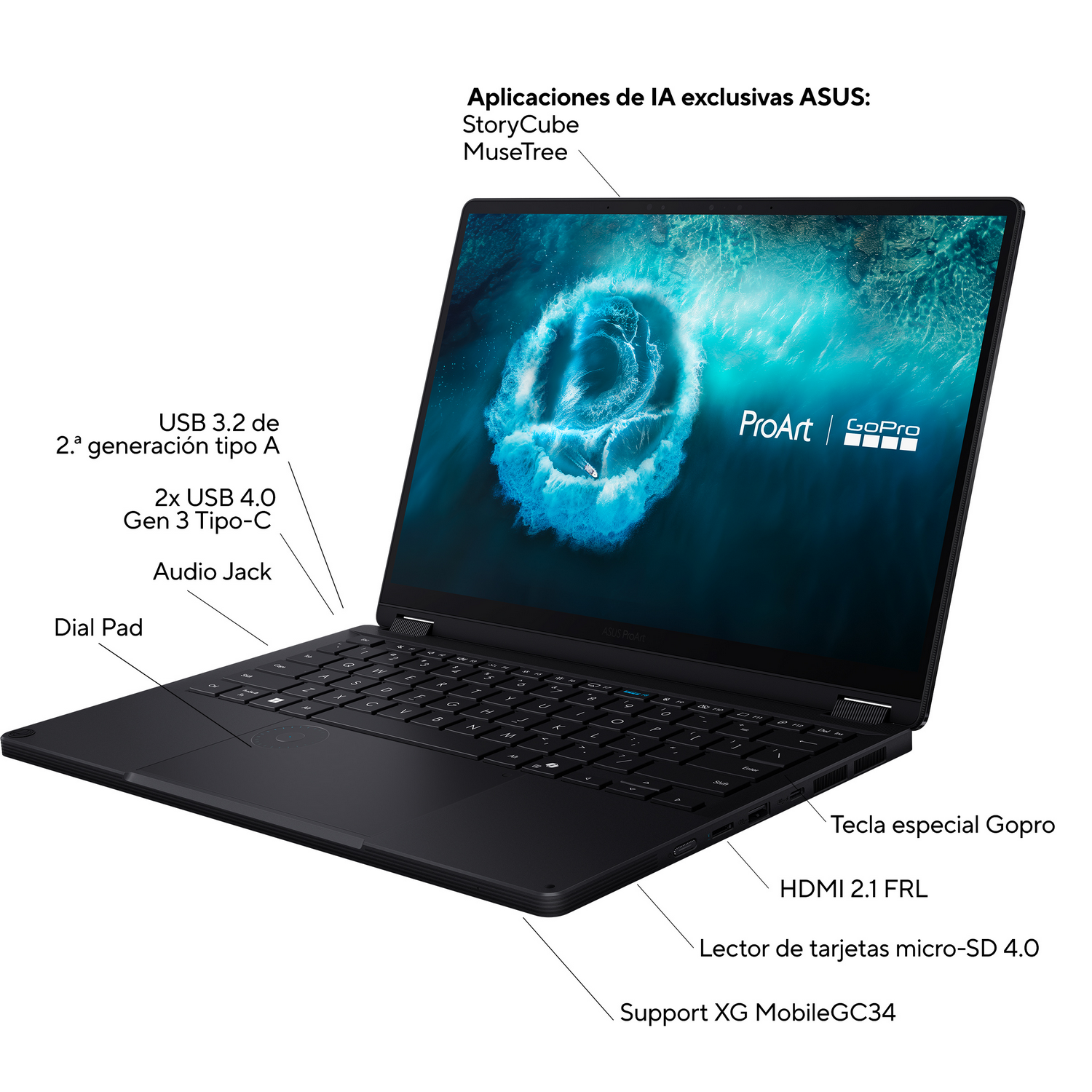 Portátil Asus ProArt negro con teclado iluminado, Dial Pad y puertos.
