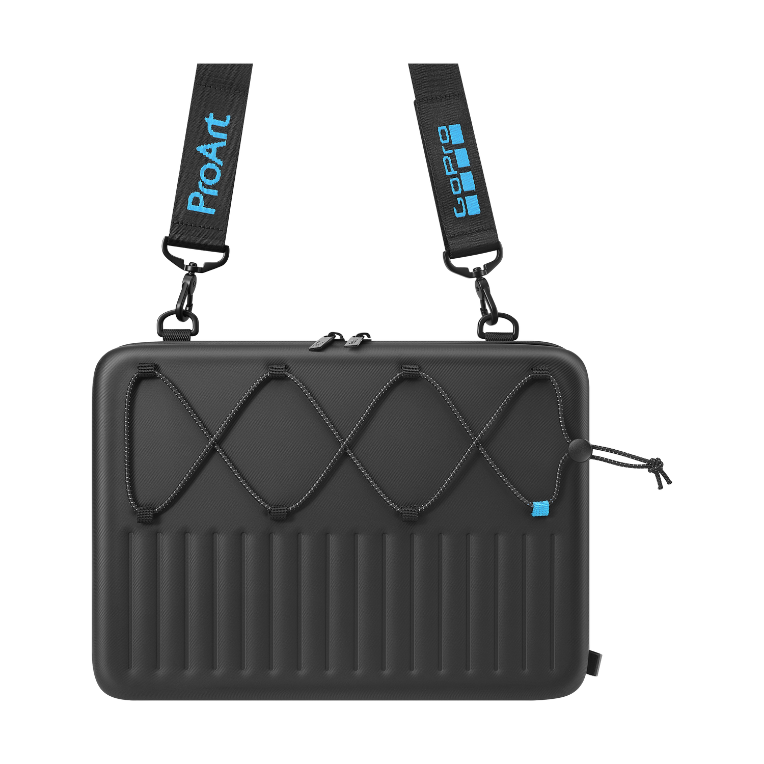 Funda negra con cordones "ProArt" y "GoPro" y cordón elástico.
