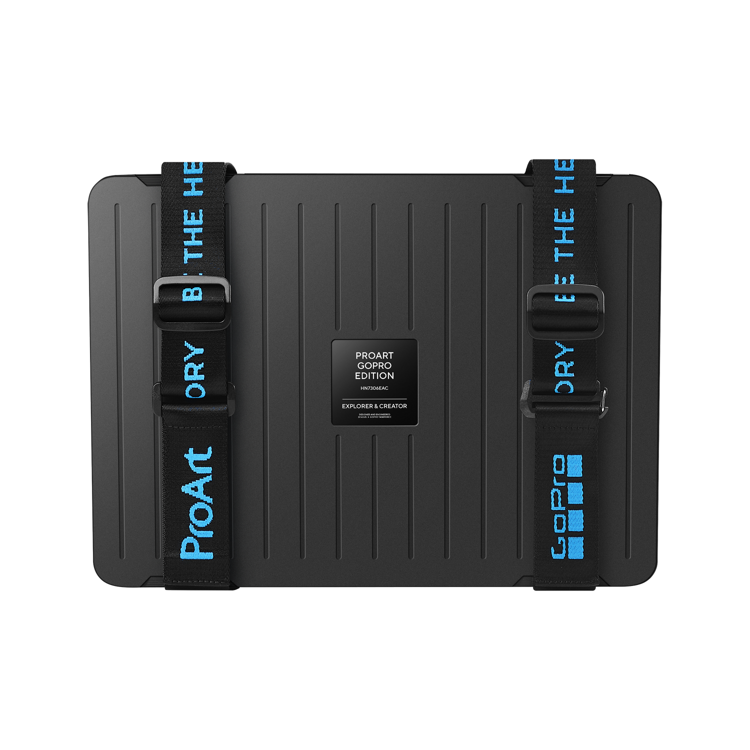 Maletín negro con correas azules, logo ProArt y GoPro.