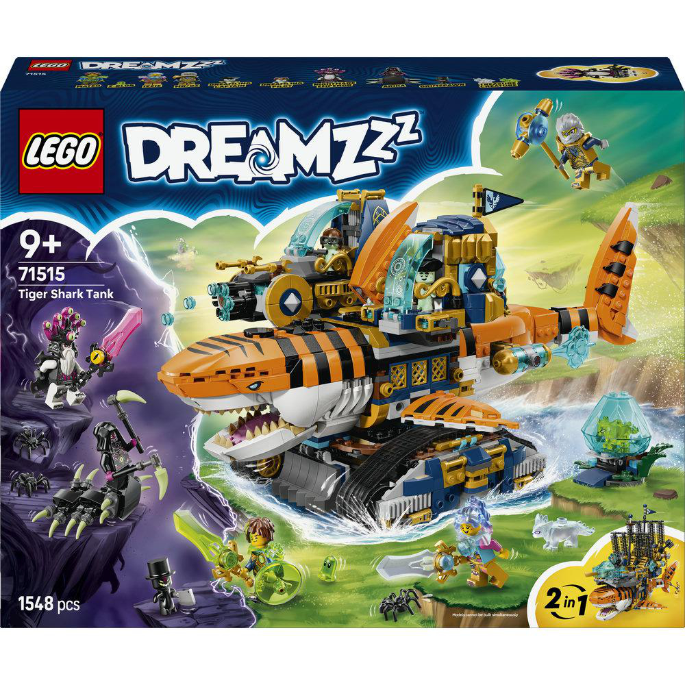 LEGO DreamZzz Tiger Shark Tank Set: Bunte Baustein-Spielzeug mit Figuren und Fahrzeugen.