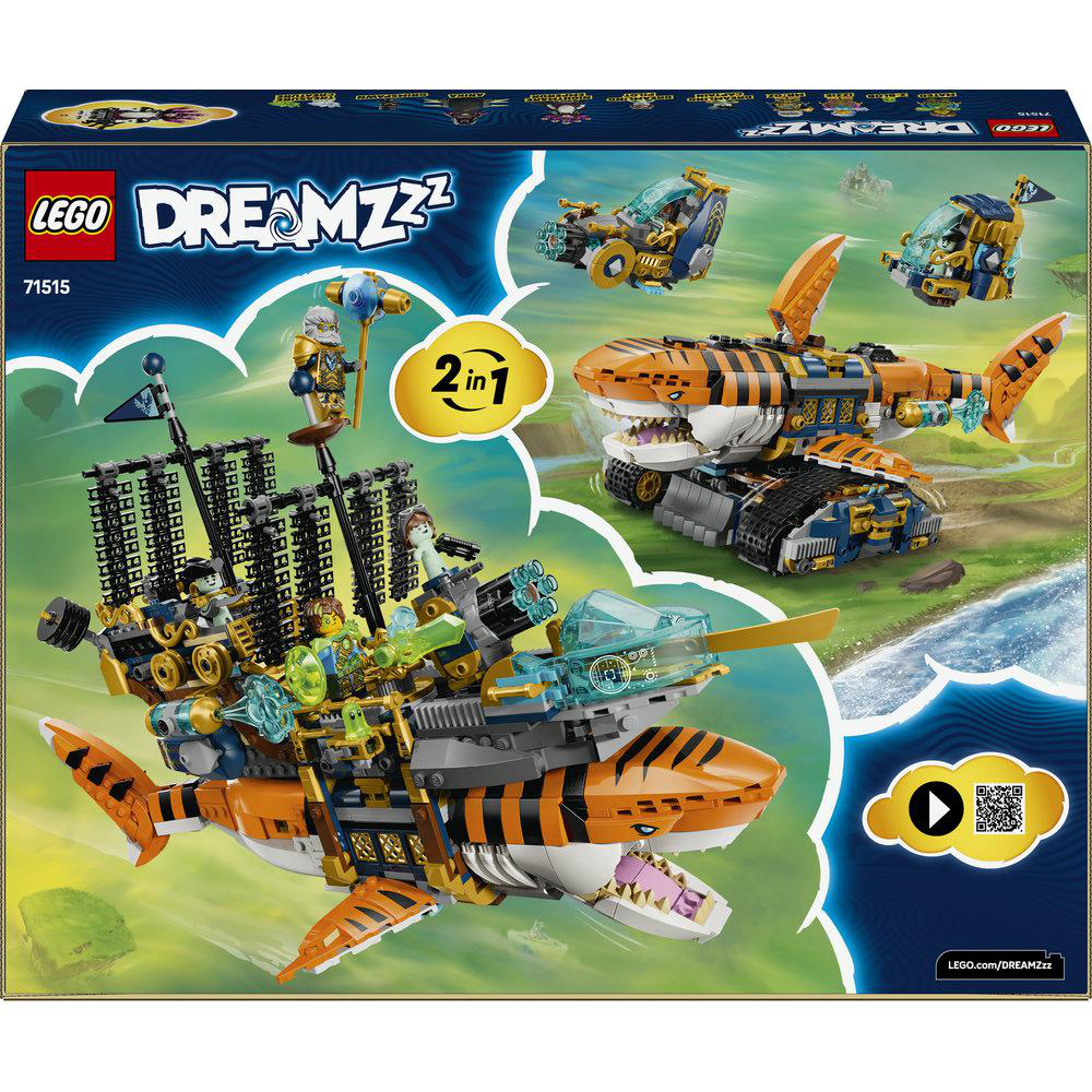 LEGO DREAMZzz: Ein Schiff-Hai und ein Panzer-Hai mit Figuren und Fahrzeugen.