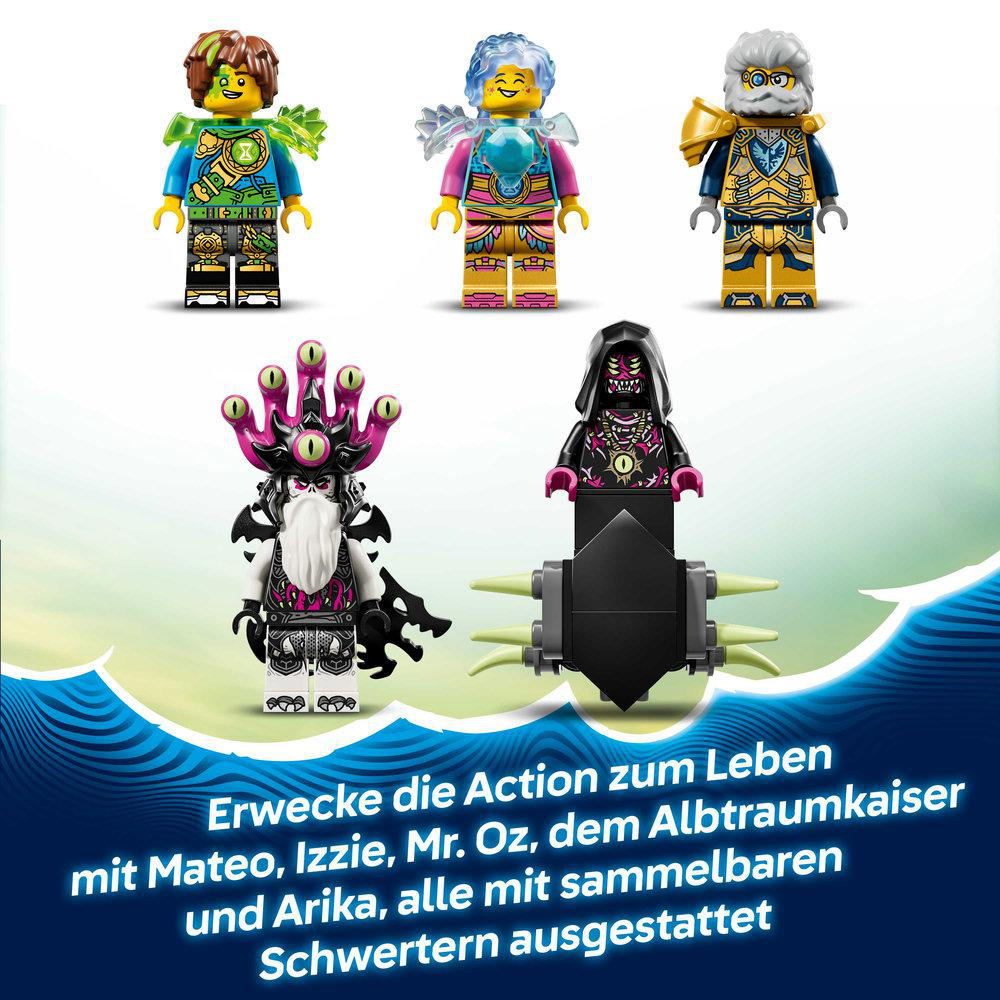 Fünf LEGO-Figuren: Mateo, Izzie, Mr. Oz, Albtraumkaiser und Arika, alle mit Waffen.