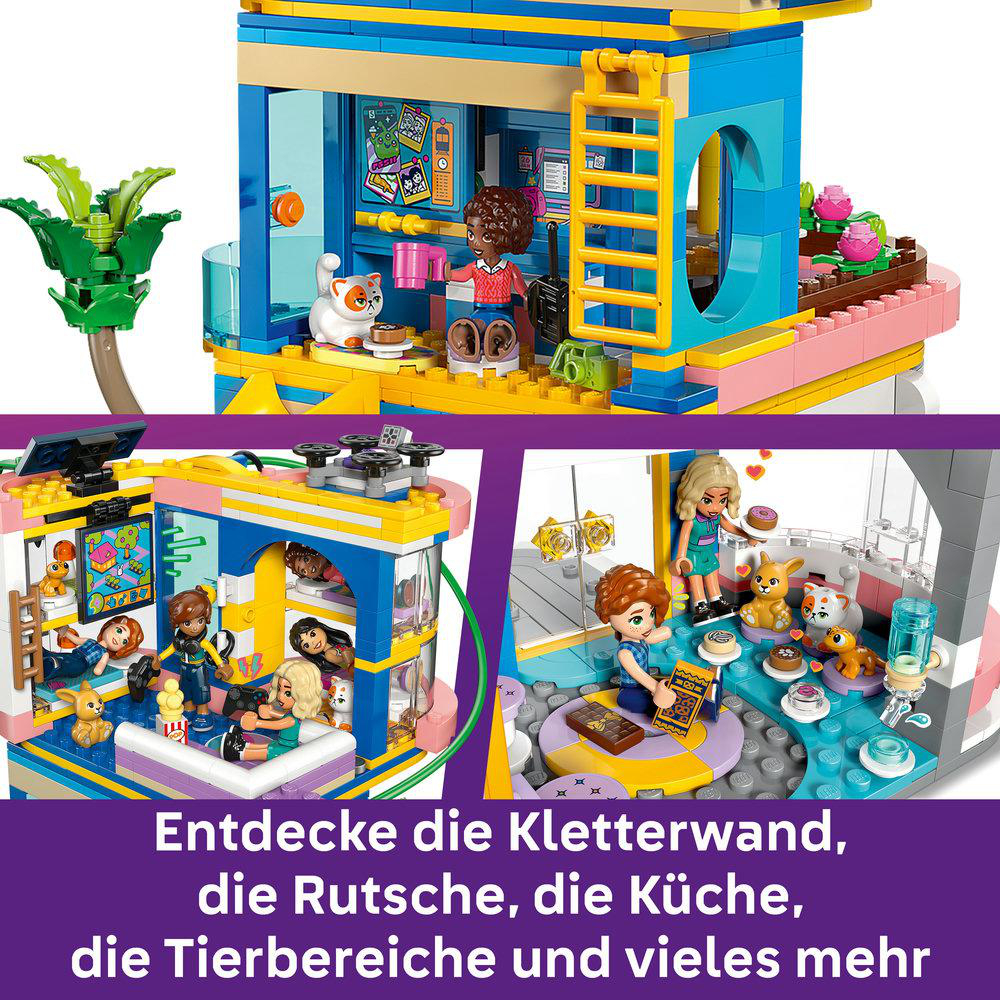 Bunte LEGO-Sets mit Minipuppen und Tieren, darunter eine Kletterwand und Küche.