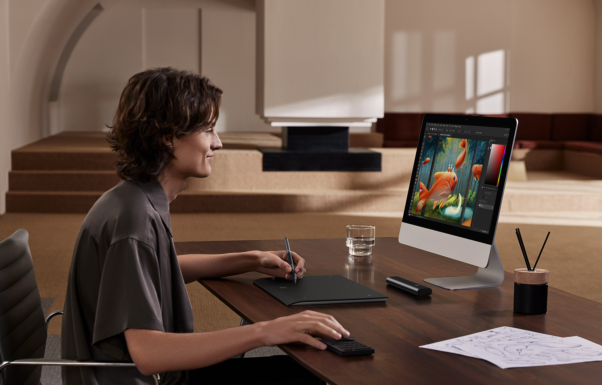 Un uomo disegna su una tavoletta grafica guardando uno schermo di computer con pesci.