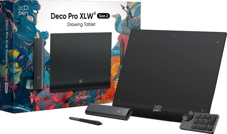 Tavoletta grafica XP Pen Deco Pro XLW Gen 2, stilo, portapenne e telecomando.
