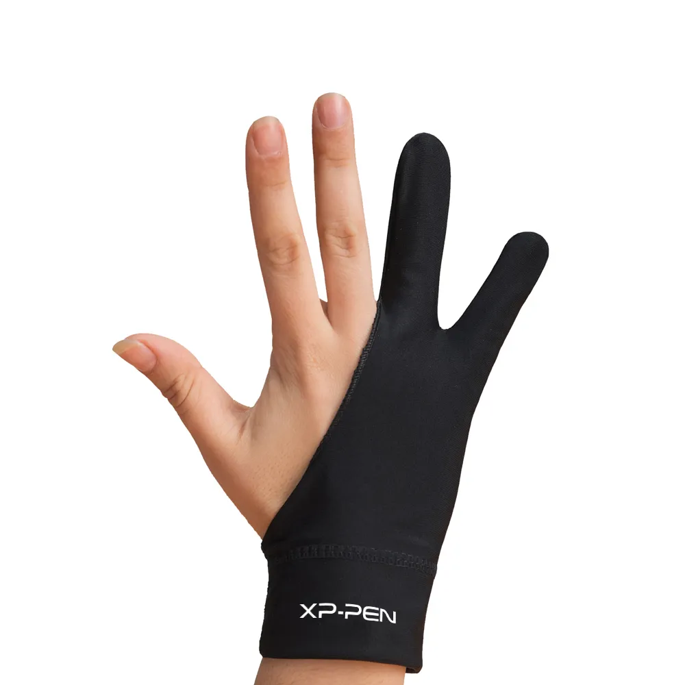 Una mano indossa un guanto nero XP-PEN con due dita esposte.