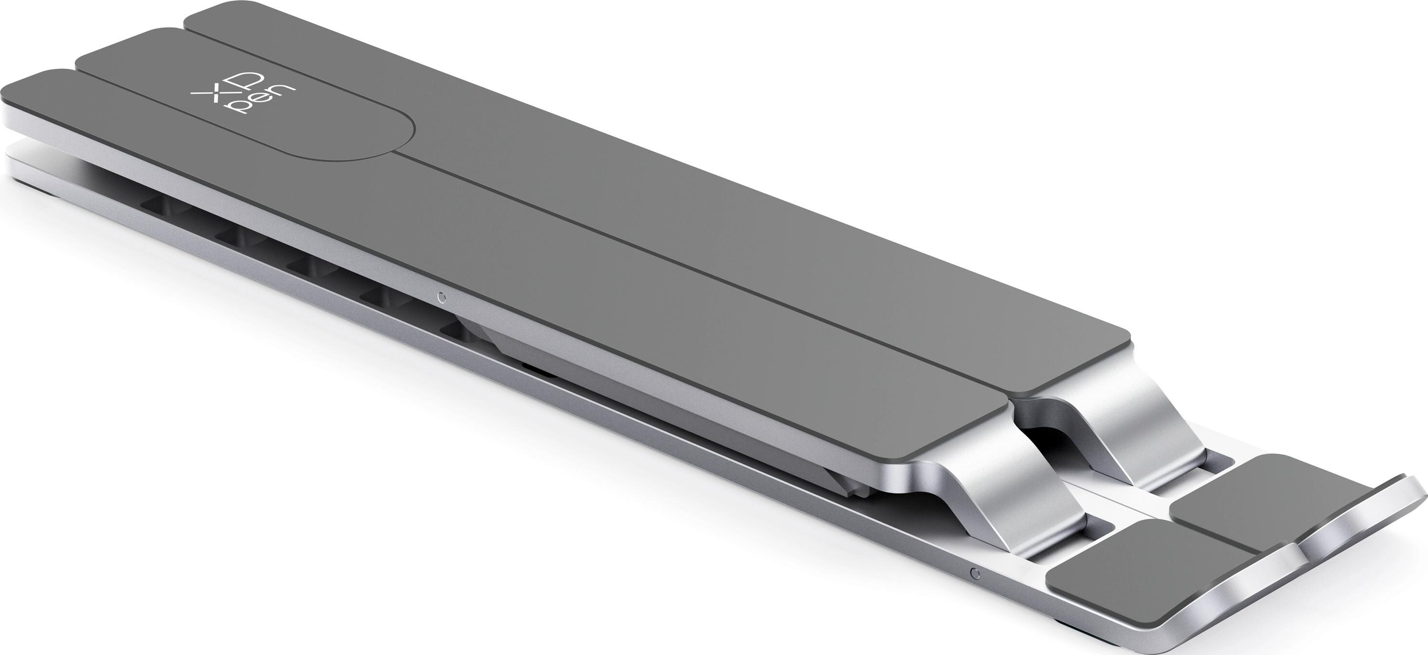 Supporto pieghevole grigio per laptop con telaio in metallo argentato e logo.