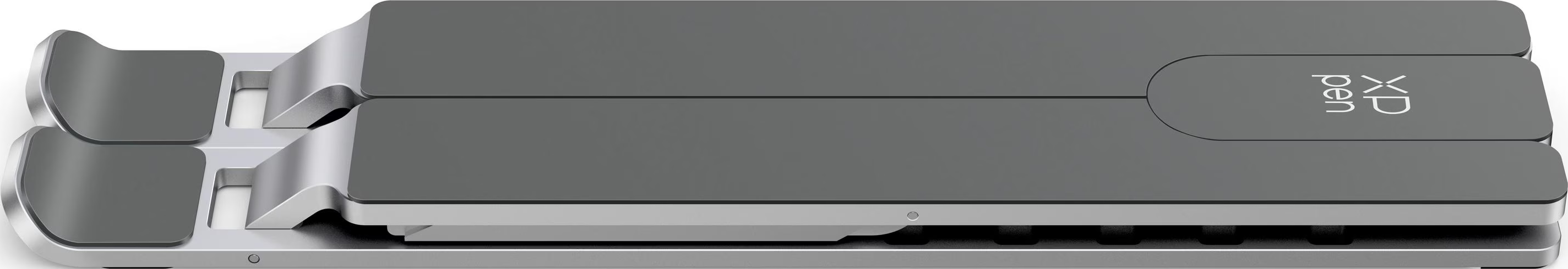 Supporto piegato grigio per laptop con accenti argento e logo XP-Pen.