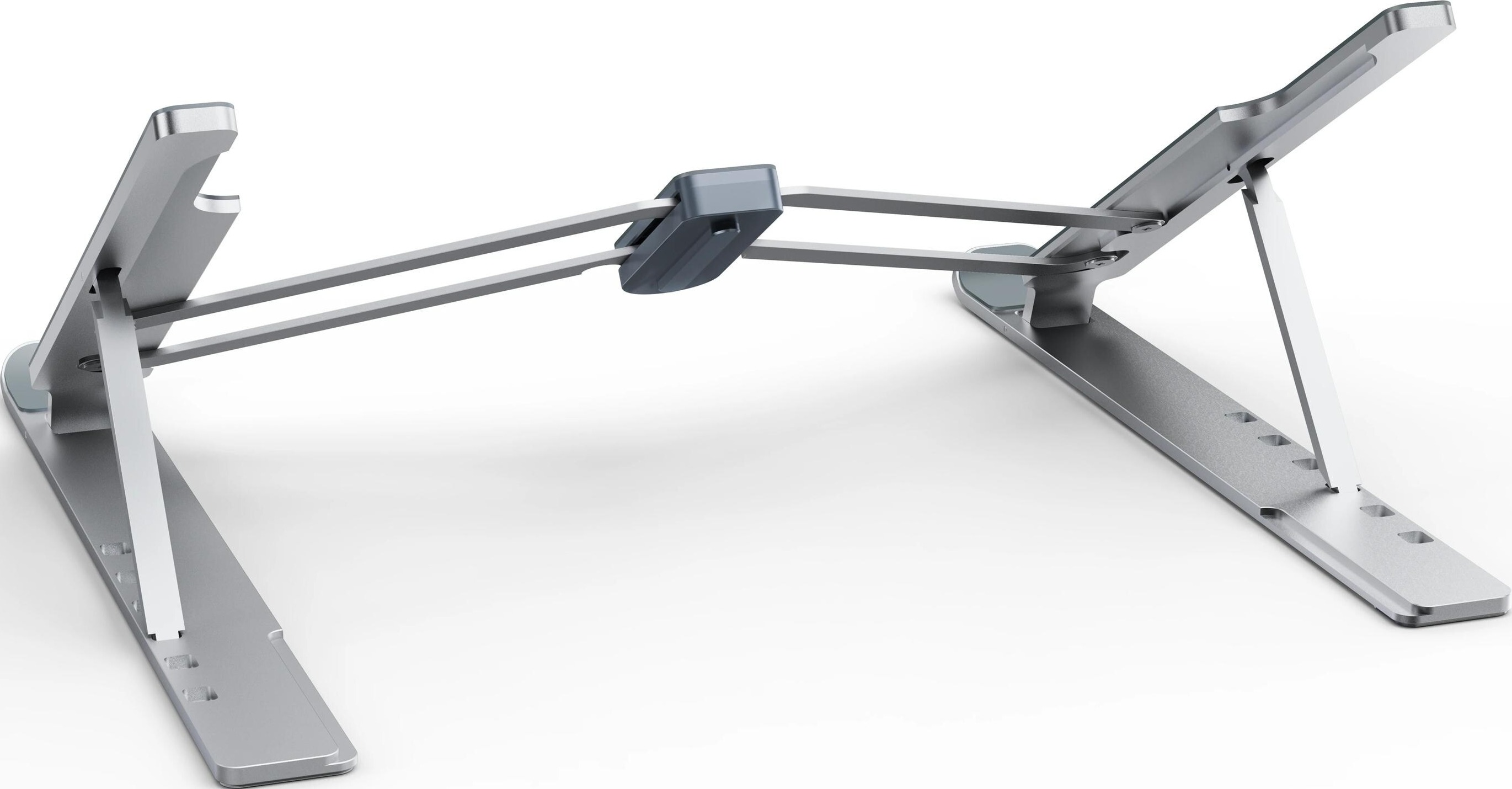 Un supporto per laptop argentato e regolabile con linee pulite e meccanismo a cerniera.
