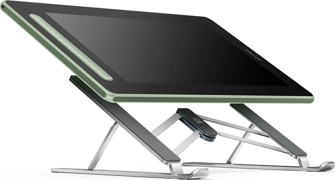 Un display a penna digitale su un supporto argentato con accenti verdi.