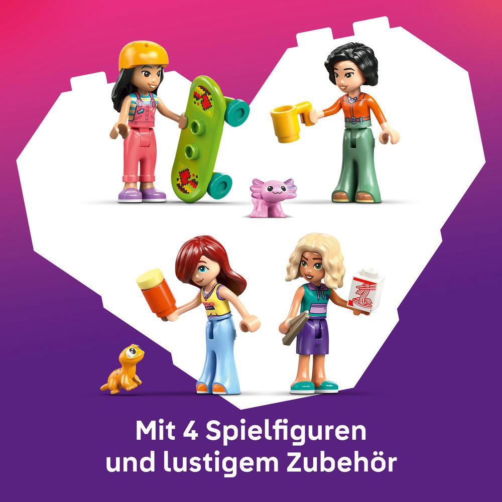 Vier Spielfiguren mit Zubehör, darunter ein Skateboard und ein Hund.