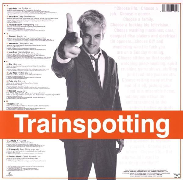 Egy öltönyös férfi előre mutat. Számlista és „Trainspotting” felirat.