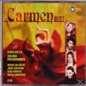 Carmen CD-borító táncoló alakkal, bikával és énekesekkel.