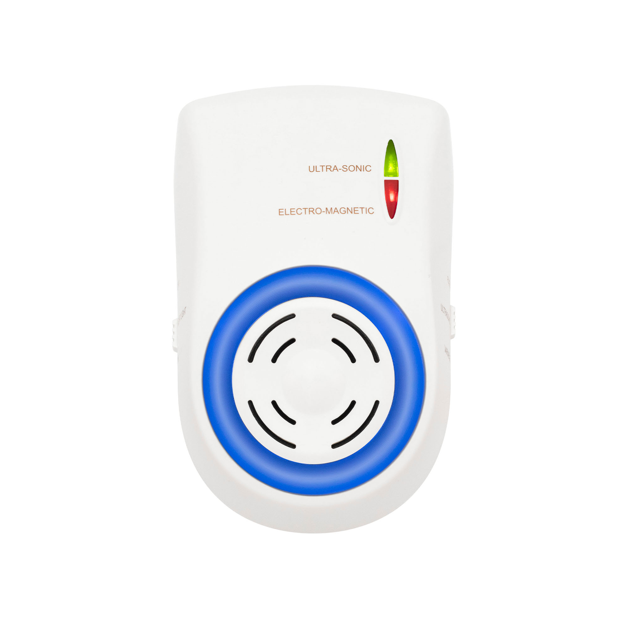 Fehér ultrahangos és elektromágneses készülék kék gyűrűvel és szellőzőnyílásokkal.
