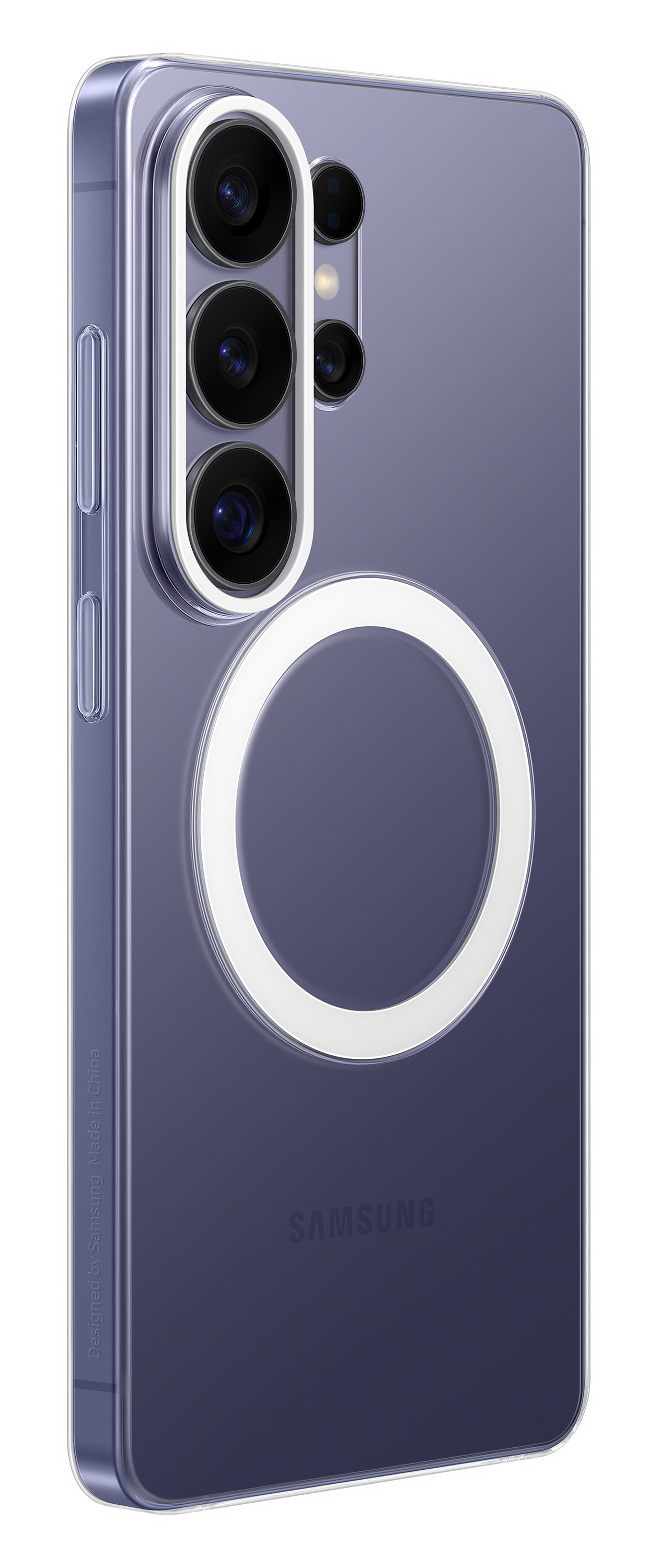 Fioletowy tył telefonu z modułem aparatu i białym pierścieniem.