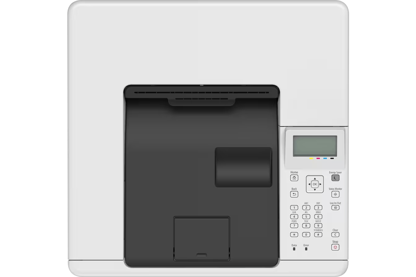 Una impresora blanca con bandeja de papel negra y panel de control con pantalla LCD.