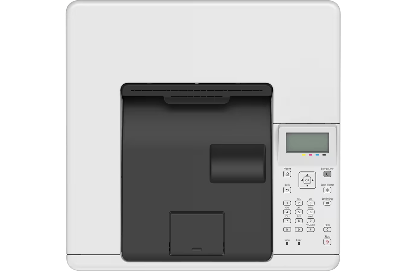 Impresora blanca con bandeja de papel negra y panel de control LCD.
