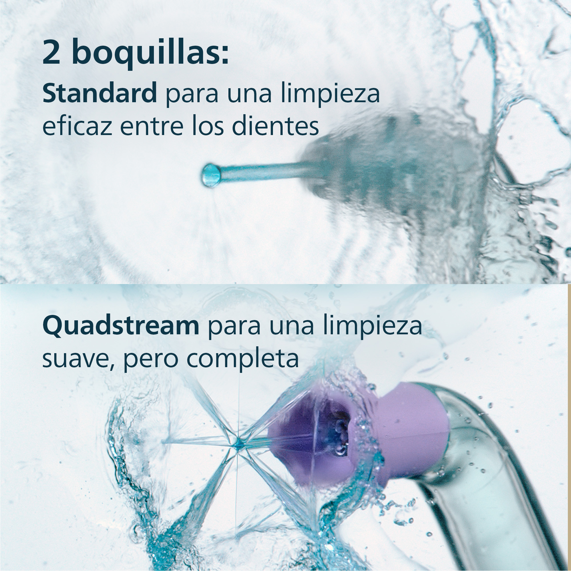Dos boquillas: Standard para limpieza eficaz, Quadstream para limpieza suave.