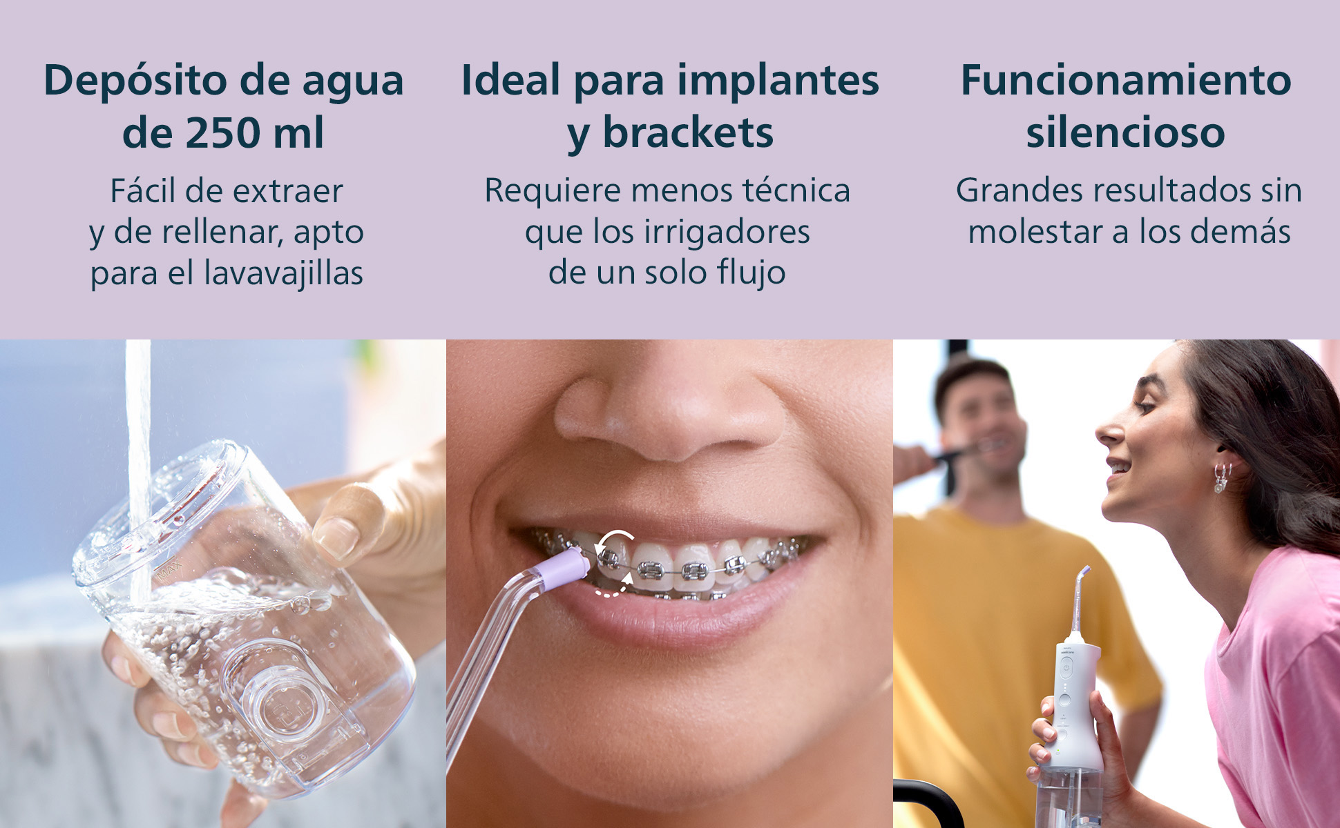 Imágenes de dispositivos de cuidado bucal: rellenado de agua, limpieza de ortodoncia.