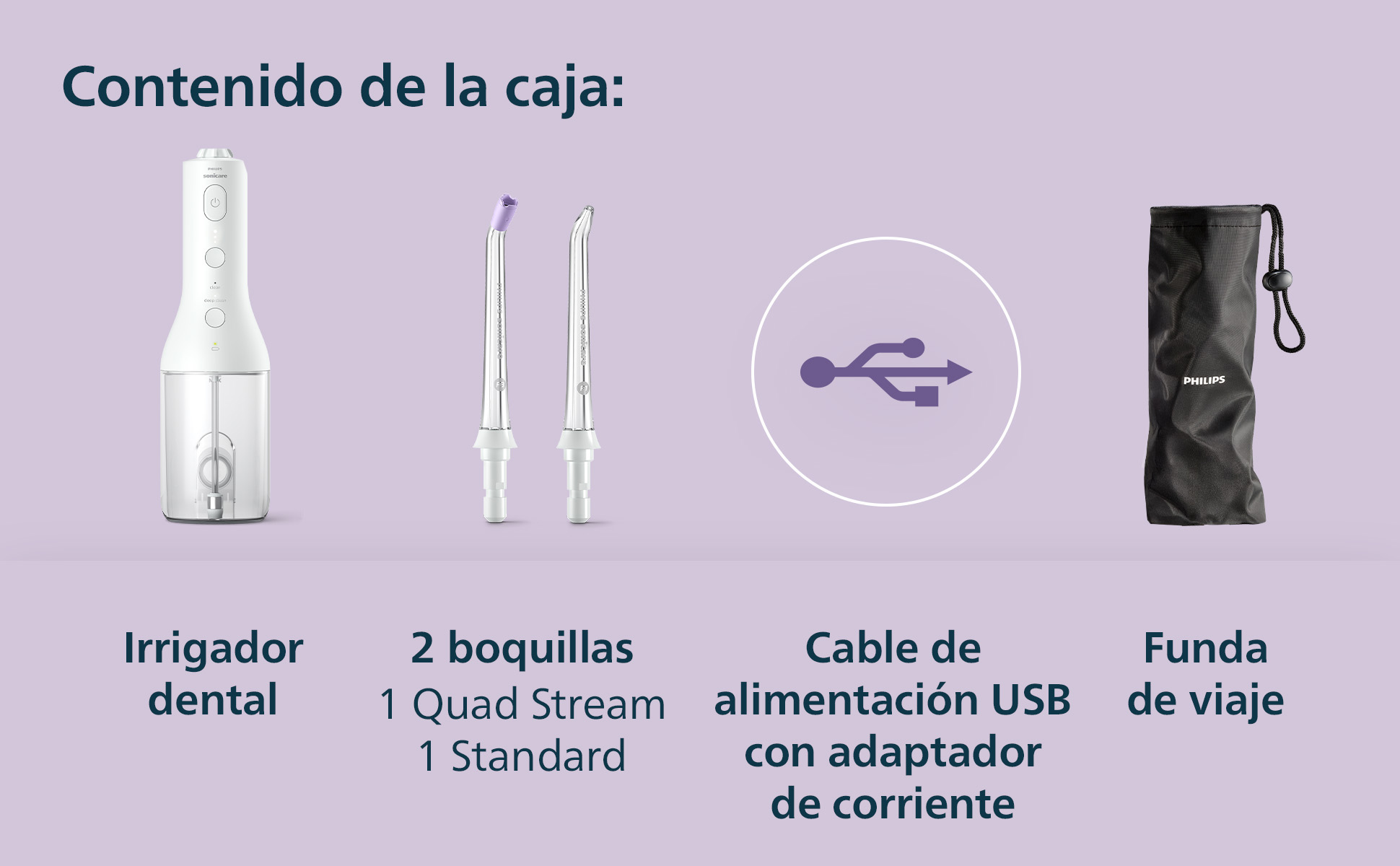 Contenido de la caja: irrigador dental, 2 boquillas, cable USB, funda.