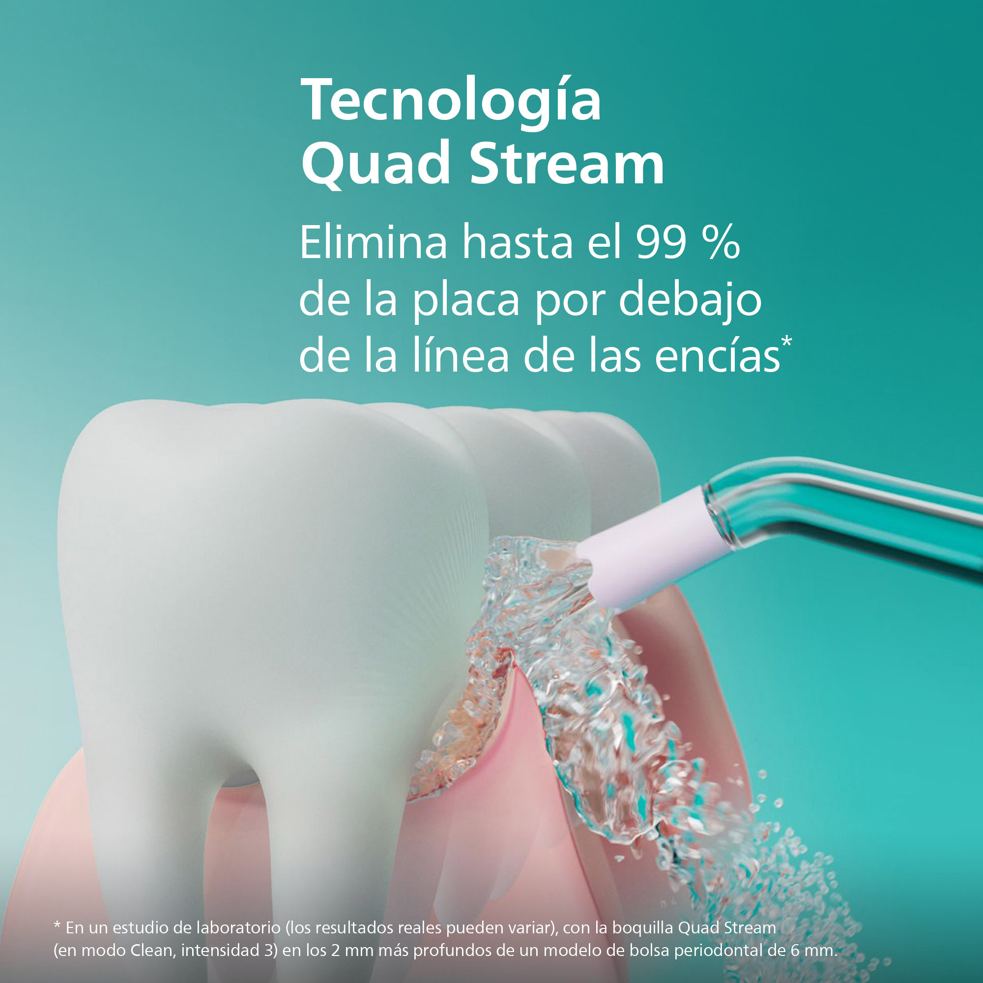 Un dispositivo dental rocía agua sobre un diente debajo de la línea de las encías.