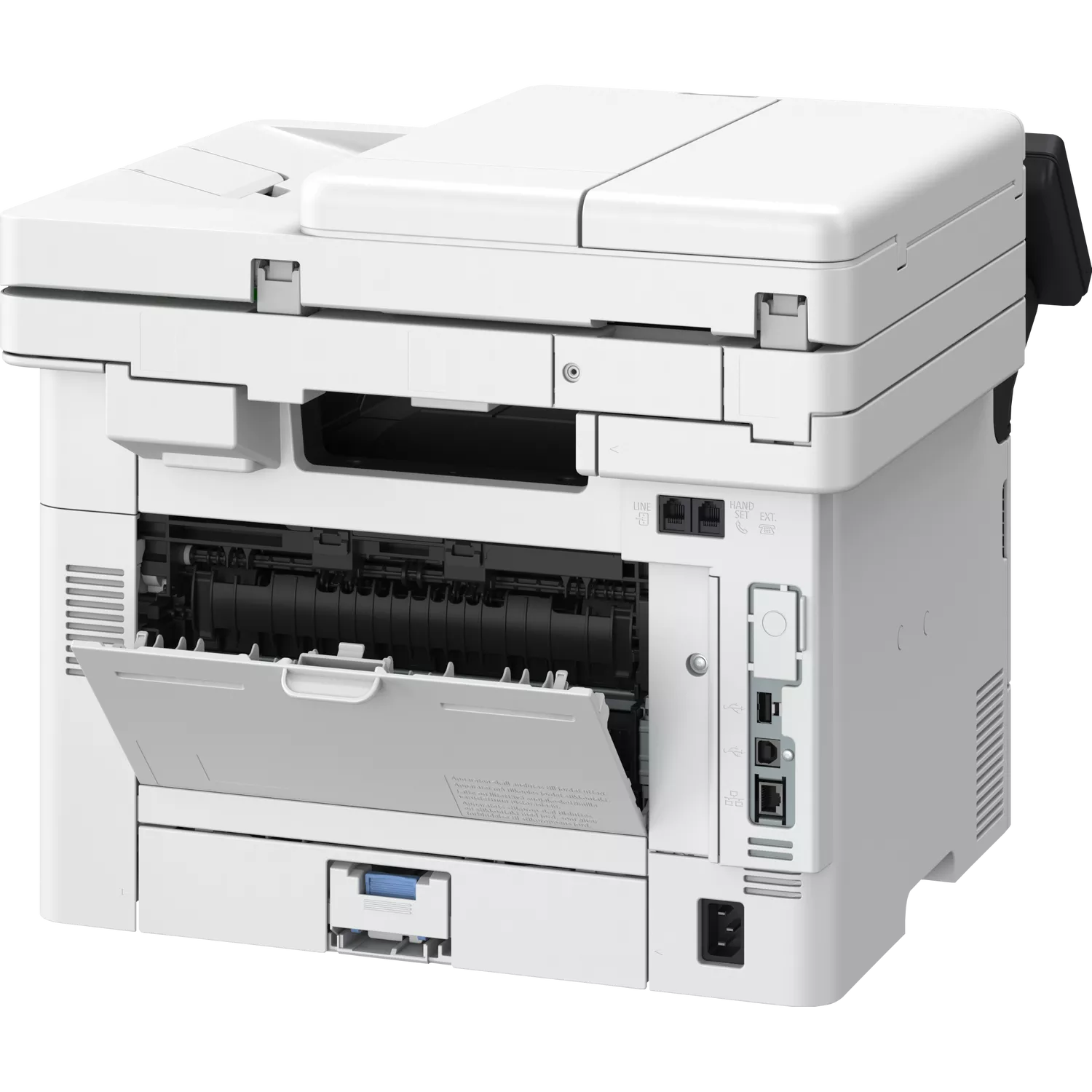 Ein weißer Drucker mit geöffneter Klappe, die das Innere freilegt. Anschlüsse sichtbar.