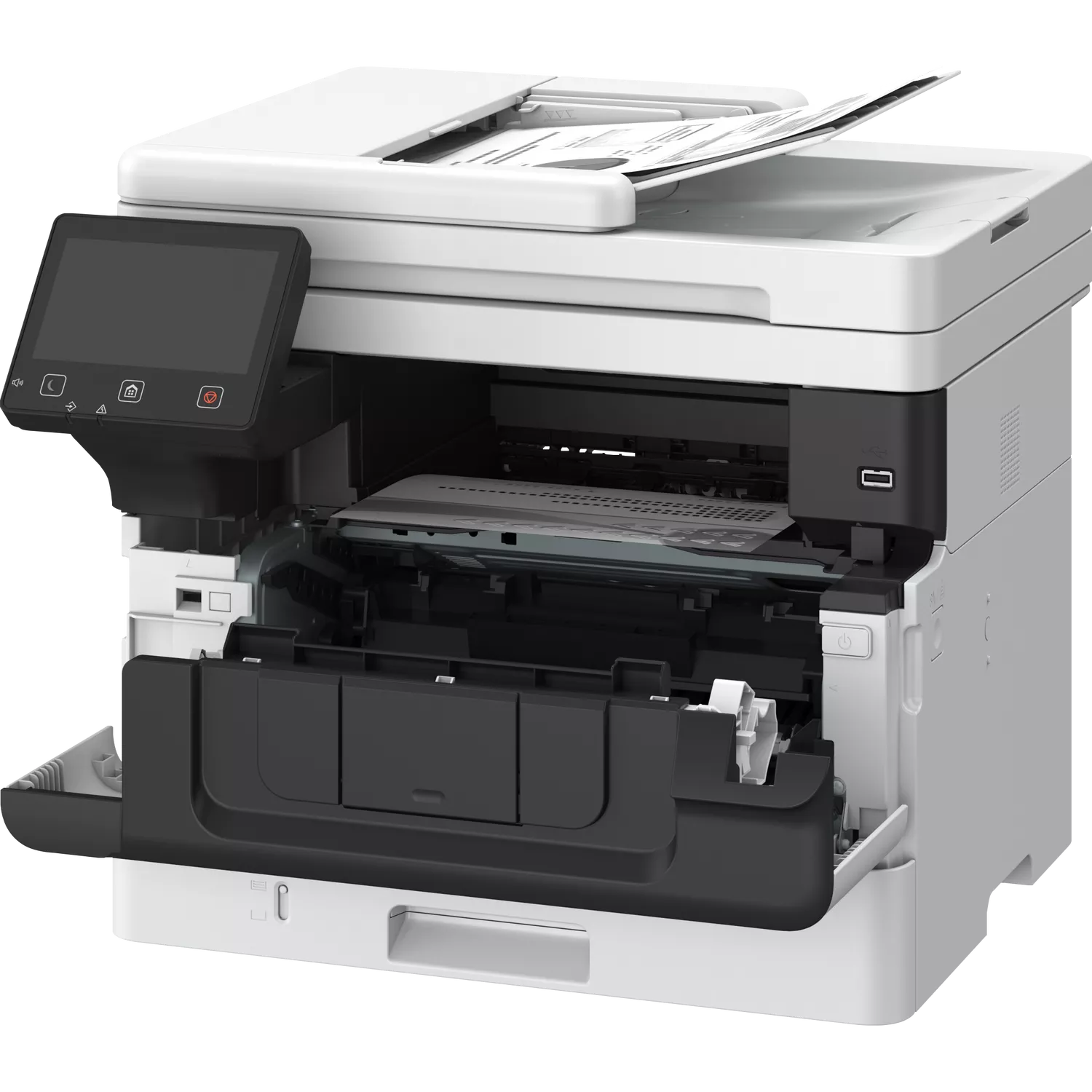 Ein weißer Multifunktionsdrucker mit offenem Fach und Touchscreen.