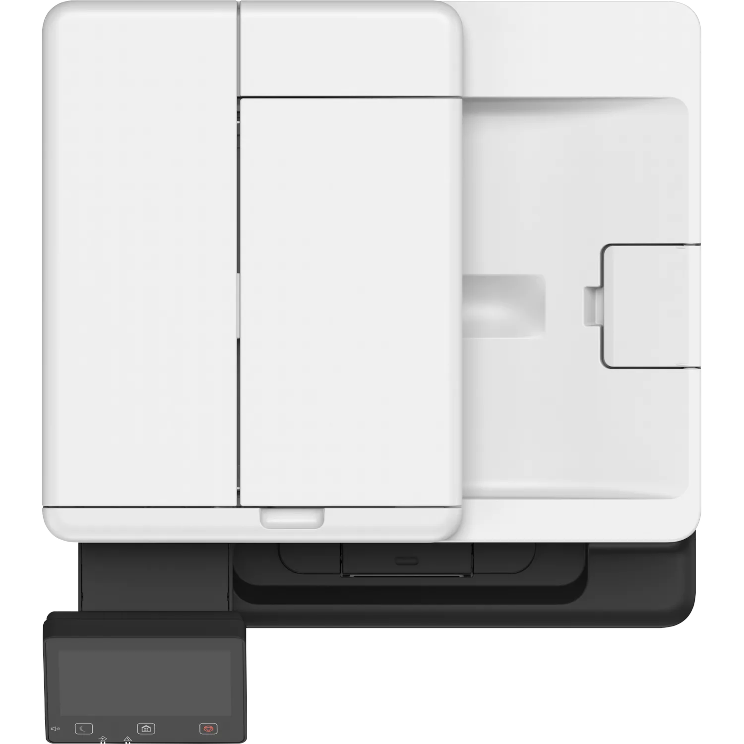 Ein weißer Drucker mit einem kleinen schwarzen Bedienfeld mit Bildschirm.