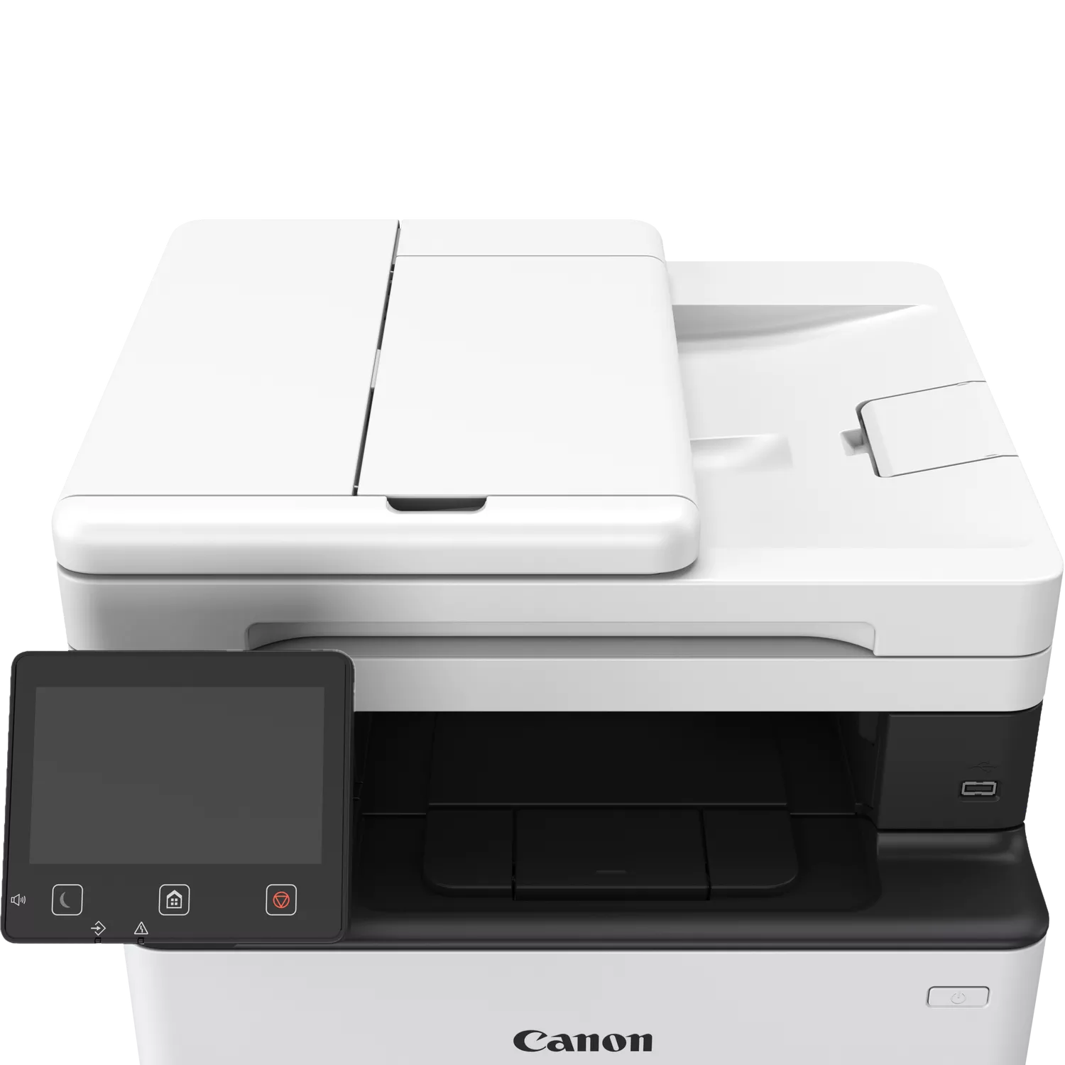 Weiße Canon-Drucker mit schwarzem Touchscreen-Display und Tasten.