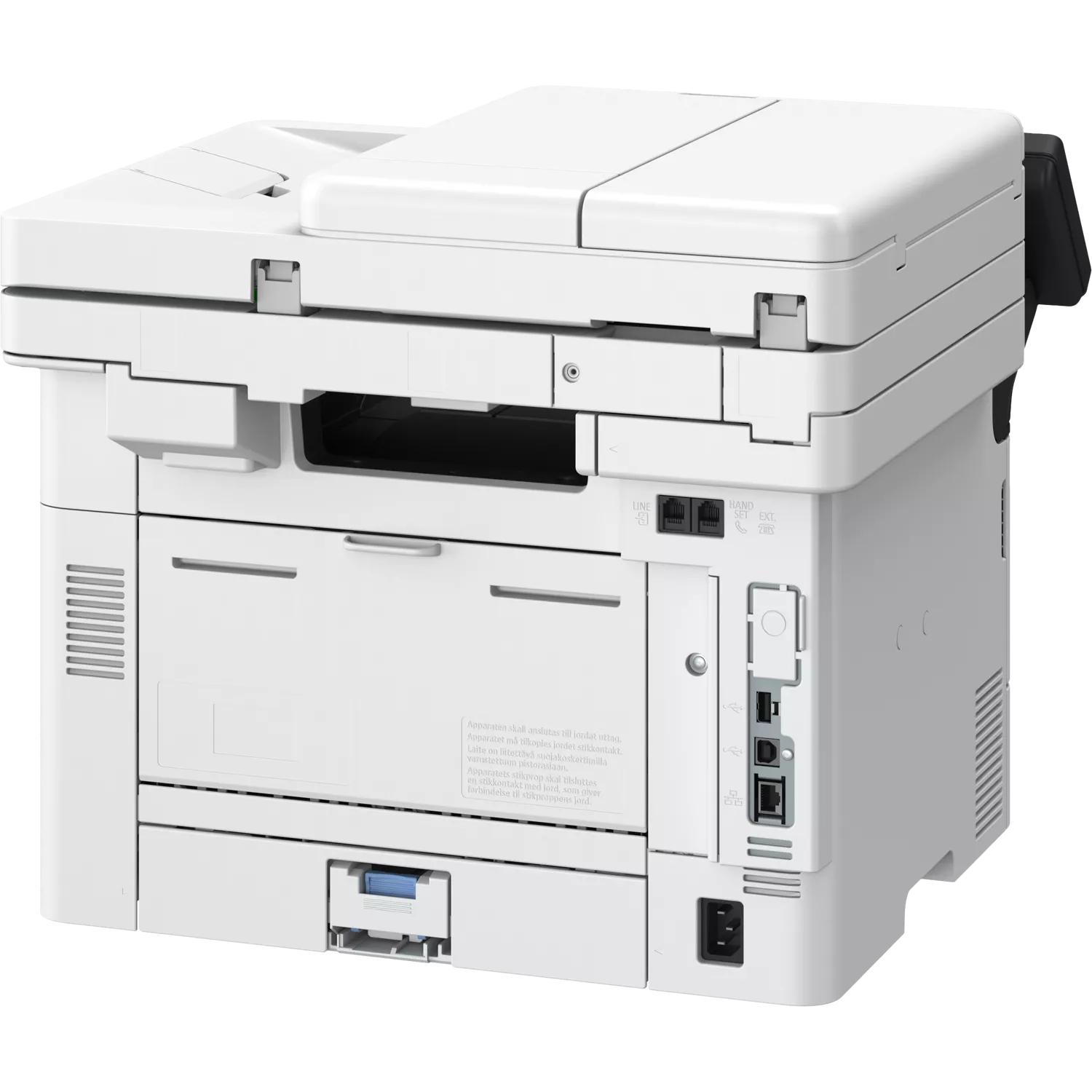 Ein weißer Multifunktionsdrucker mit Anschlüssen und Hinweisen auf der Rückseite.