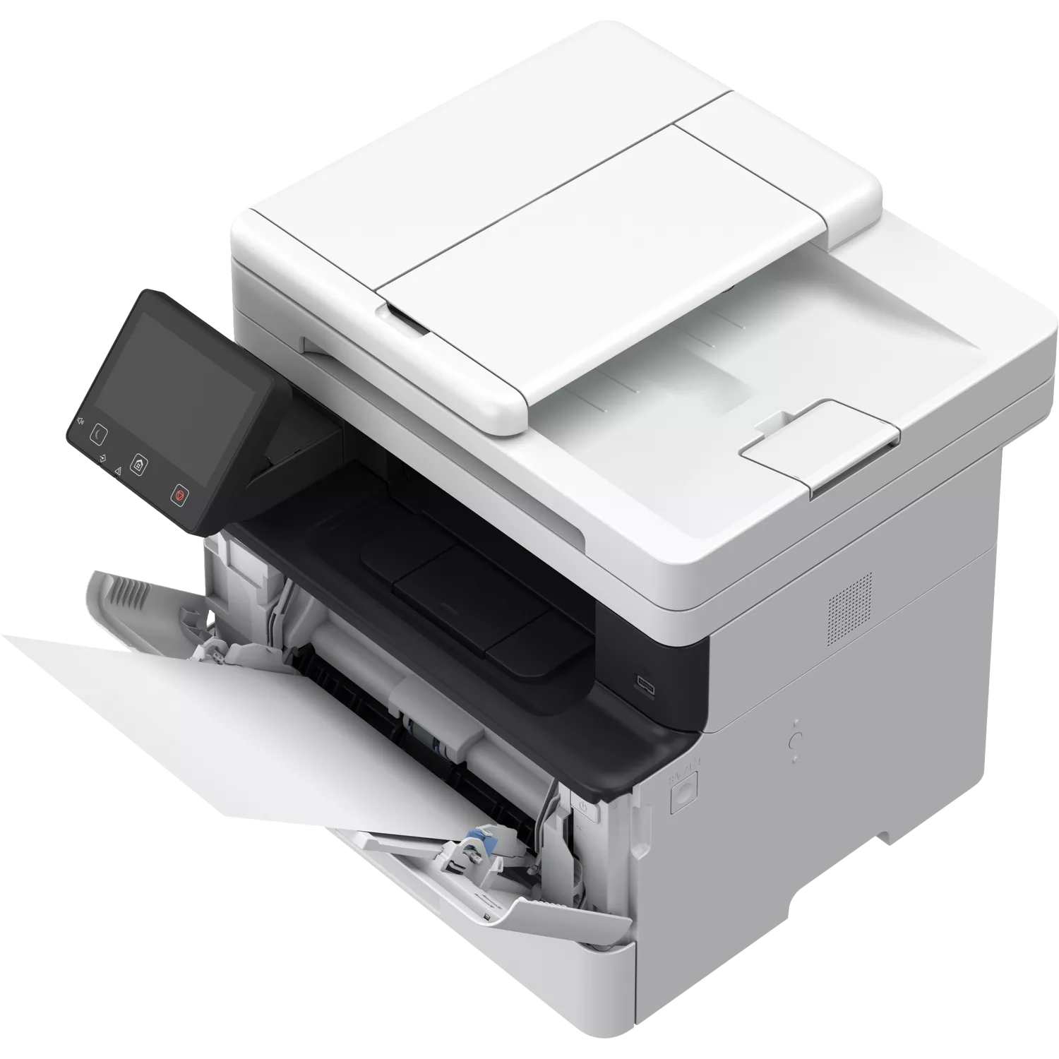 Ein weißer Multifunktionsdrucker mit geöffneter Papierausgabeschale und teilweise ausgeworfenem Papier.