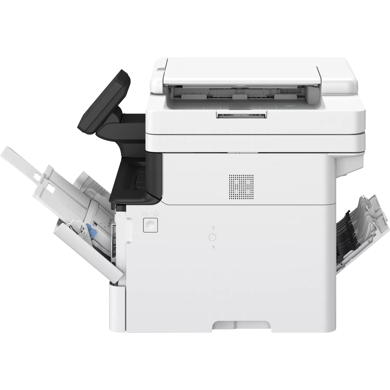 Ein weißer Drucker mit geöffneten Fächern und einem Touchscreen-Display.