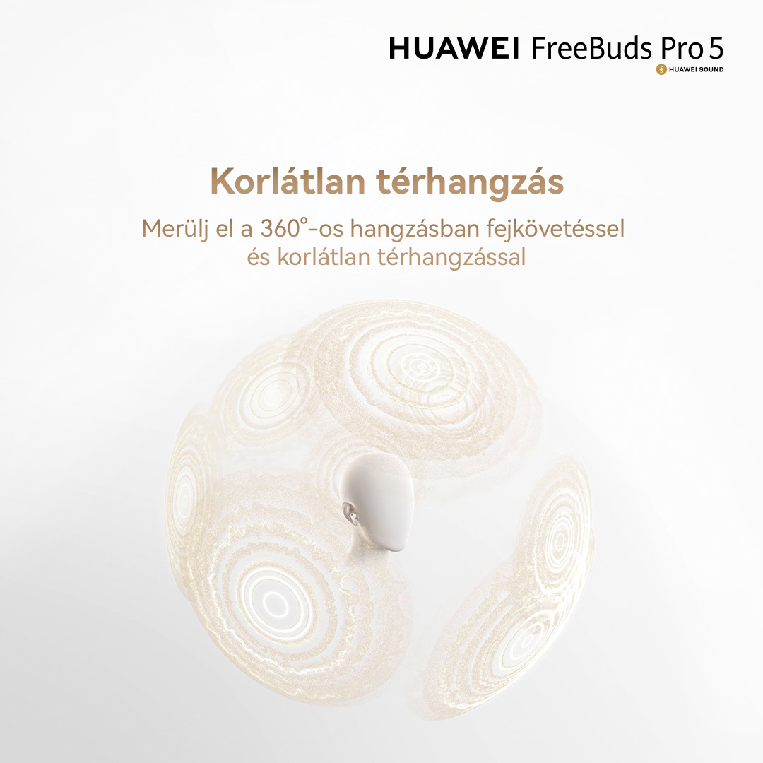 Egy fehér fülhallgató absztrakt körkörös minták előtt. Cím: Korlátlan térhangzás.