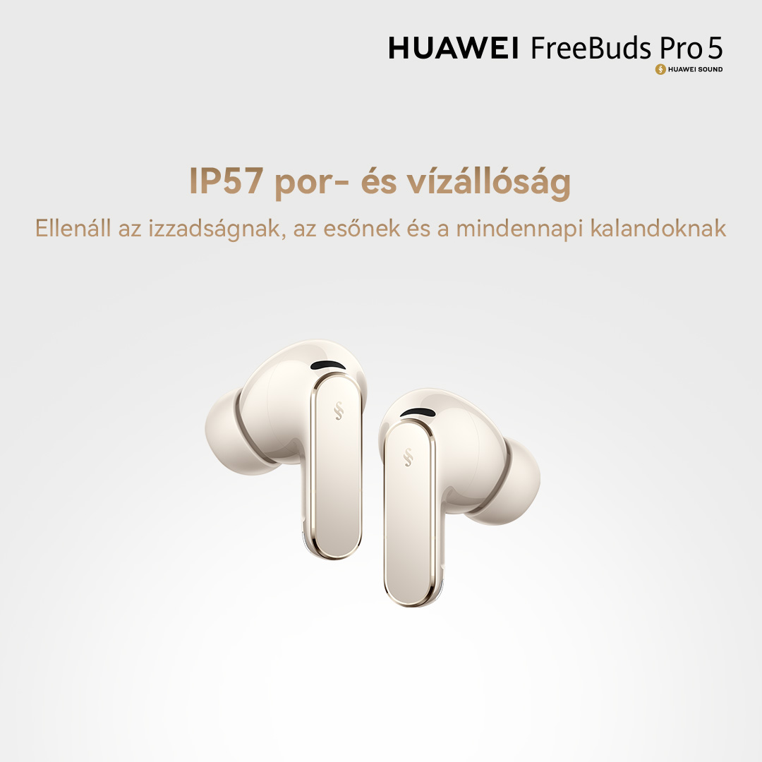 Két fehér Huawei FreeBuds Pro 5 arany szegéllyel, szürke háttéren.
