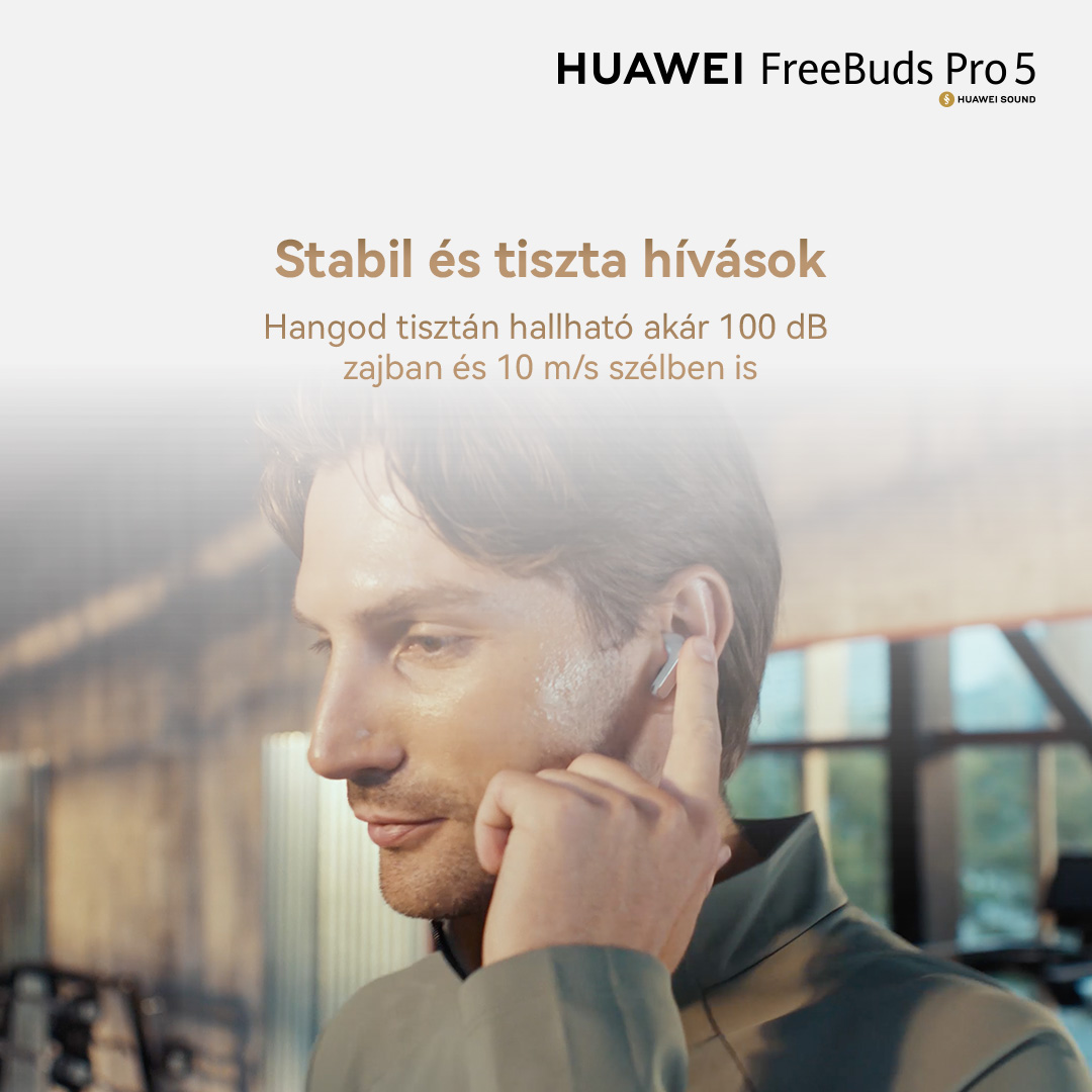 Férfi Huawei FreeBuds Pro 5 fülhallgatóval, tiszta hívásminőséget hirdetve.