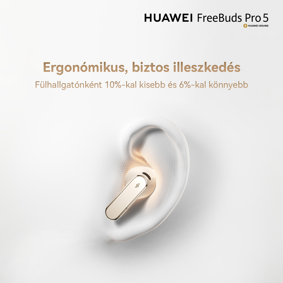 Egy arany Huawei FreeBuds Pro 5 fülhallgató látható egy stilizált fülben.