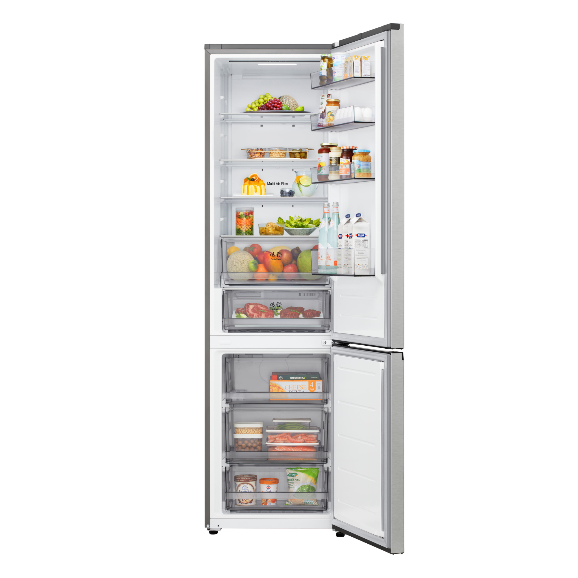 Refrigerador abierto con estantes de alimentos, productos, bebidas y congelados.