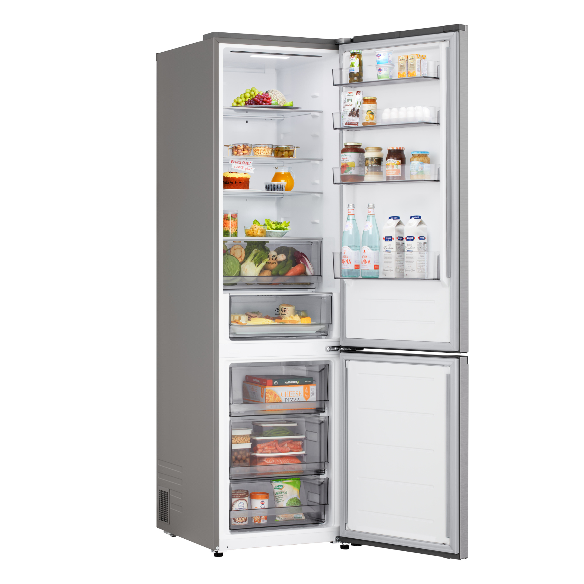Refrigerador abierto con alimentos: frutas, verduras, queso, bebidas y congelados.