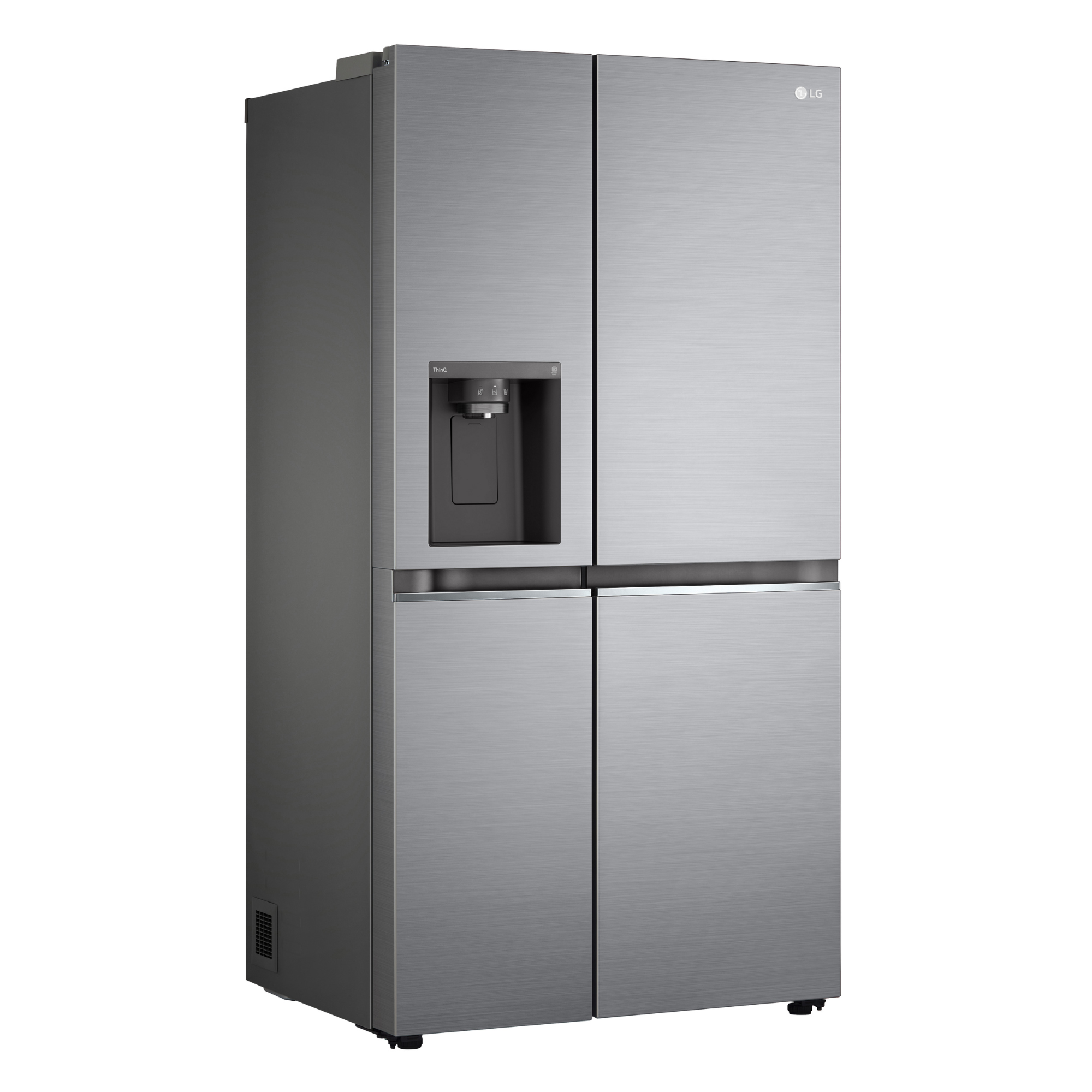 Un refrigerador LG plateado de cuatro puertas con dispensador de agua.