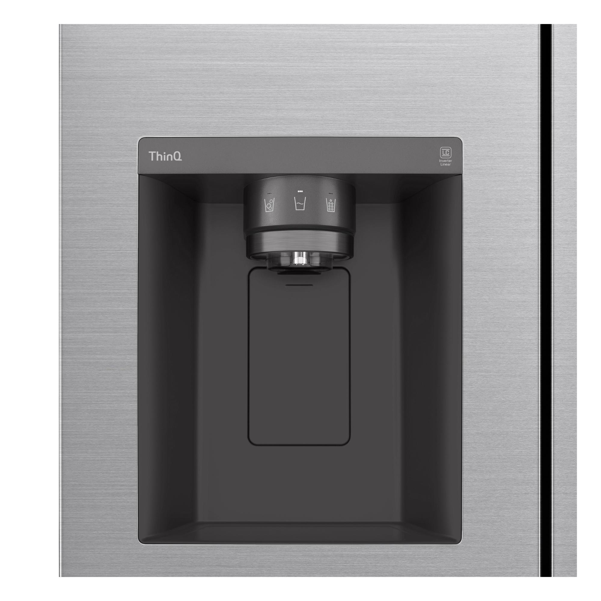 Dispensador de agua de refrigerador con logo ThinQ y controles para hielo y agua.