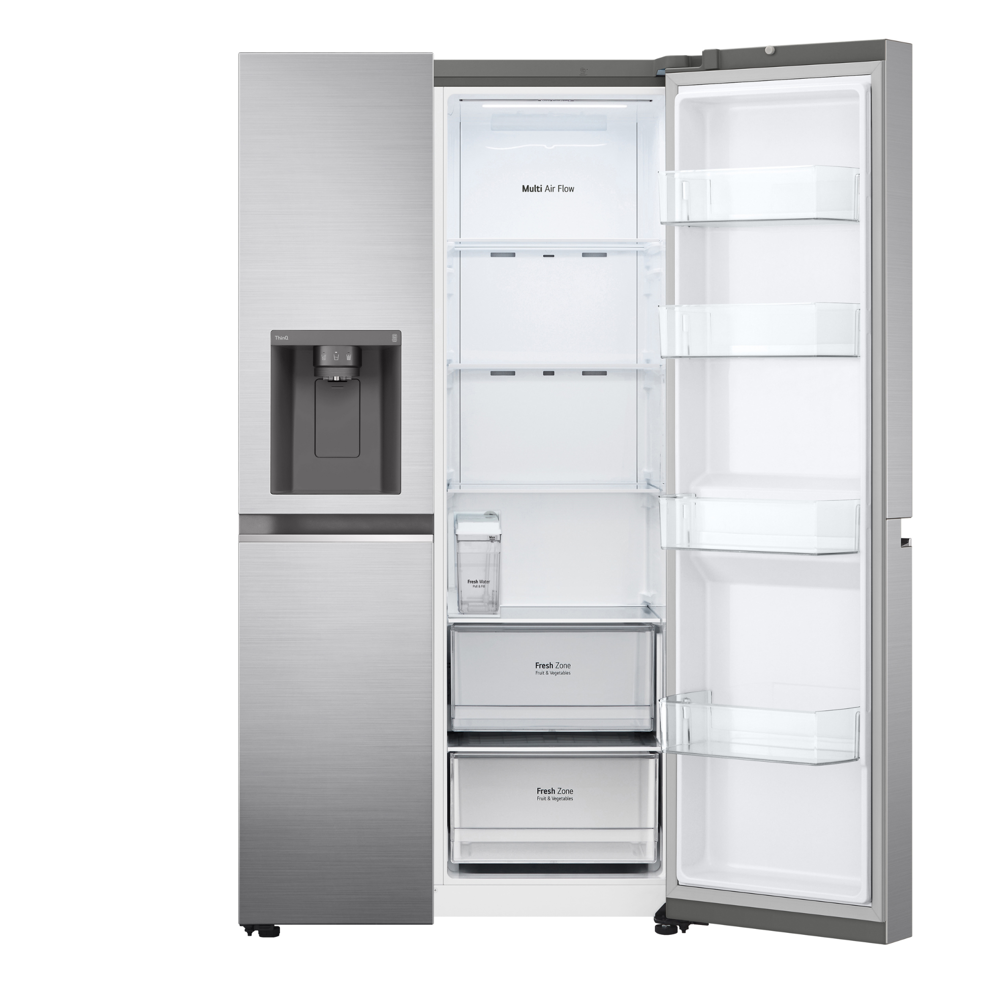 Un refrigerador plateado con la puerta abierta, mostrando estantes y cajones.