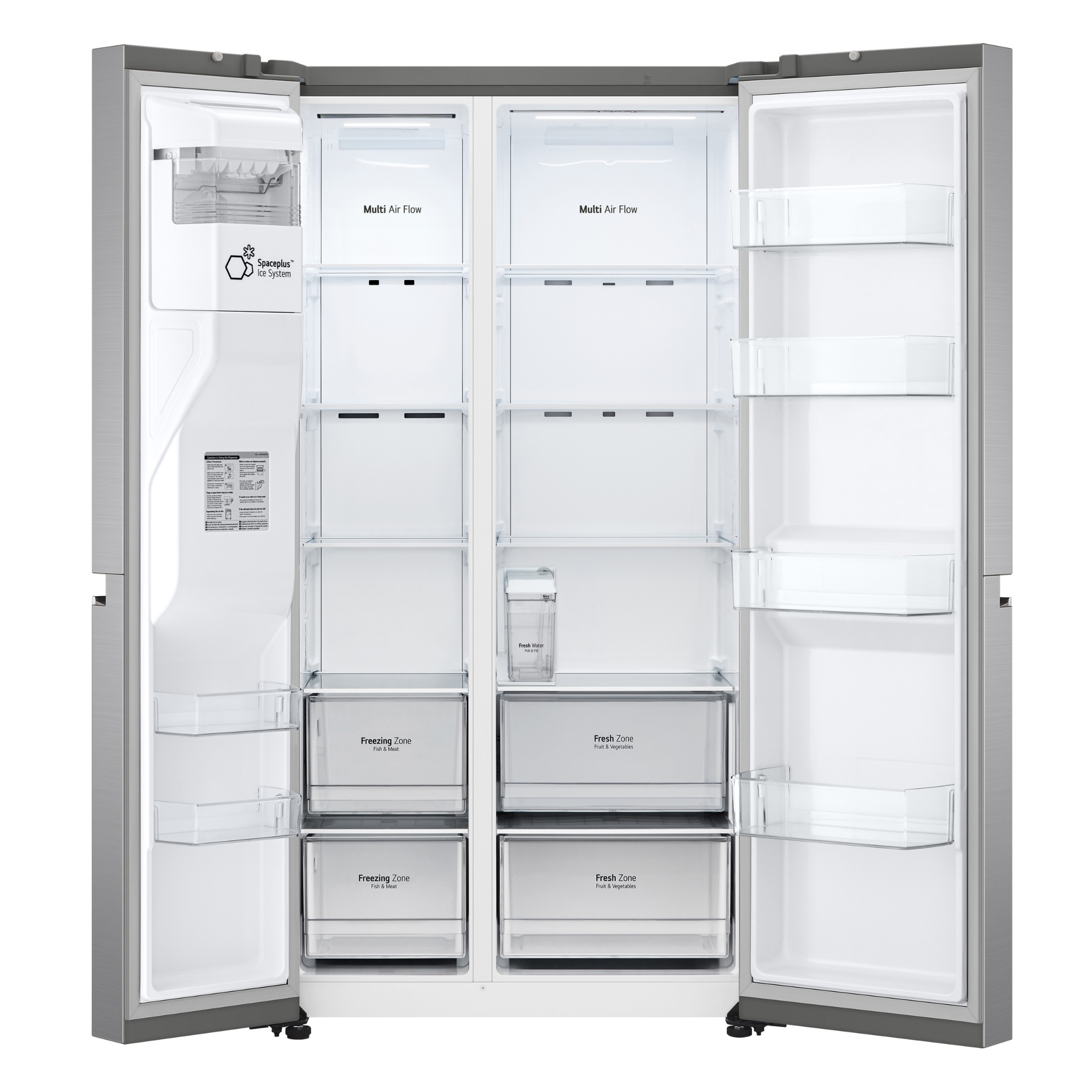 Un refrigerador plateado con puertas abiertas, vacío.