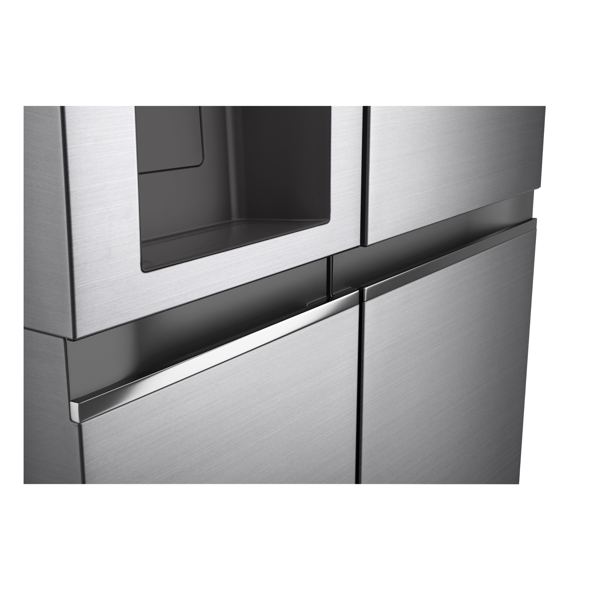 Primer plano de un refrigerador plateado con compartimento transparente y asas.