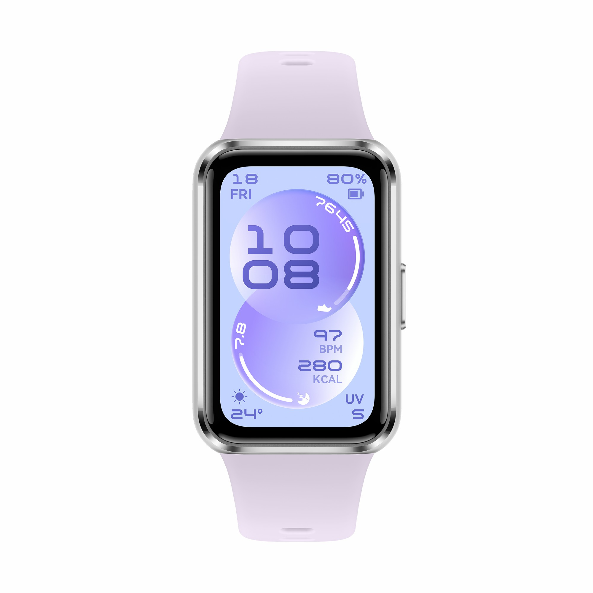 Egy lila okosóra mutatja 10:08, 24 fok, 97 BPM, 280 Kcal.