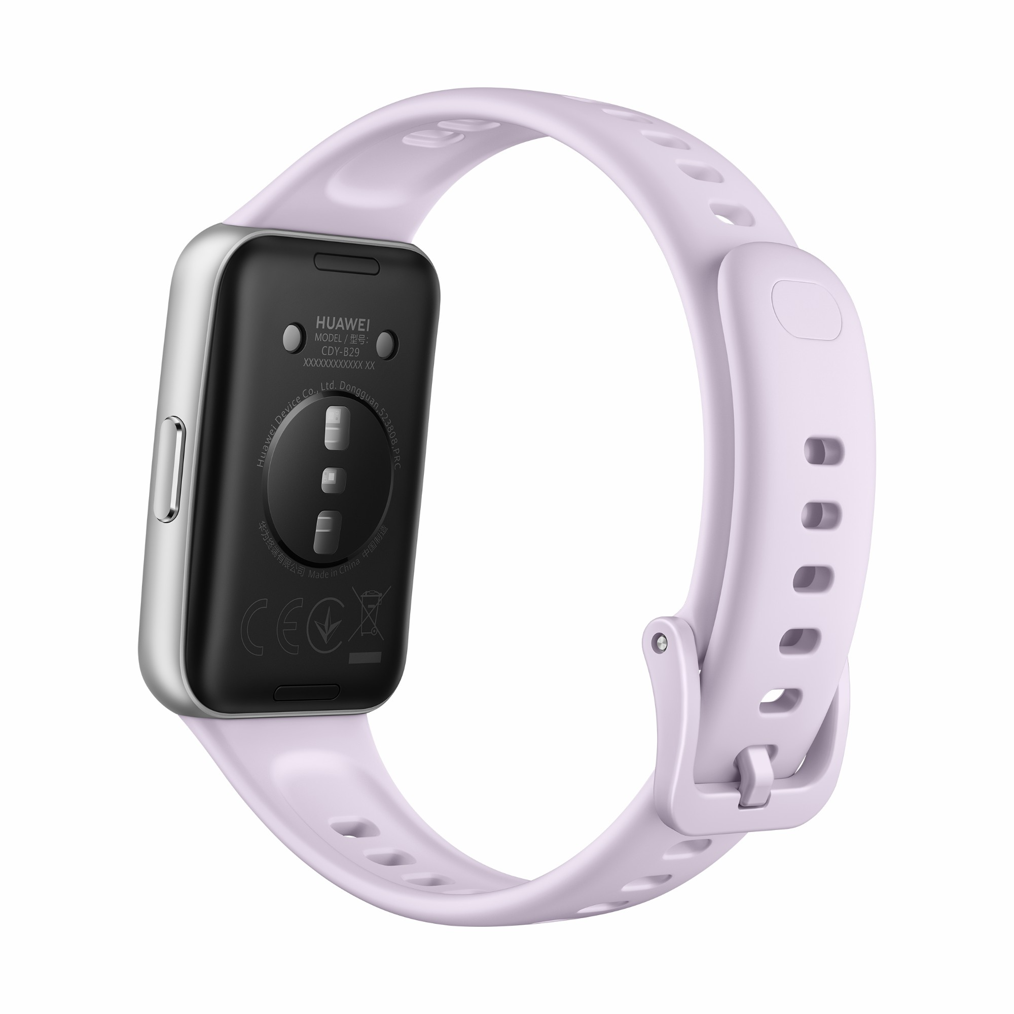 Világoslila Huawei fitnesz csuklópánt ezüst házzal, hátulról nézve.