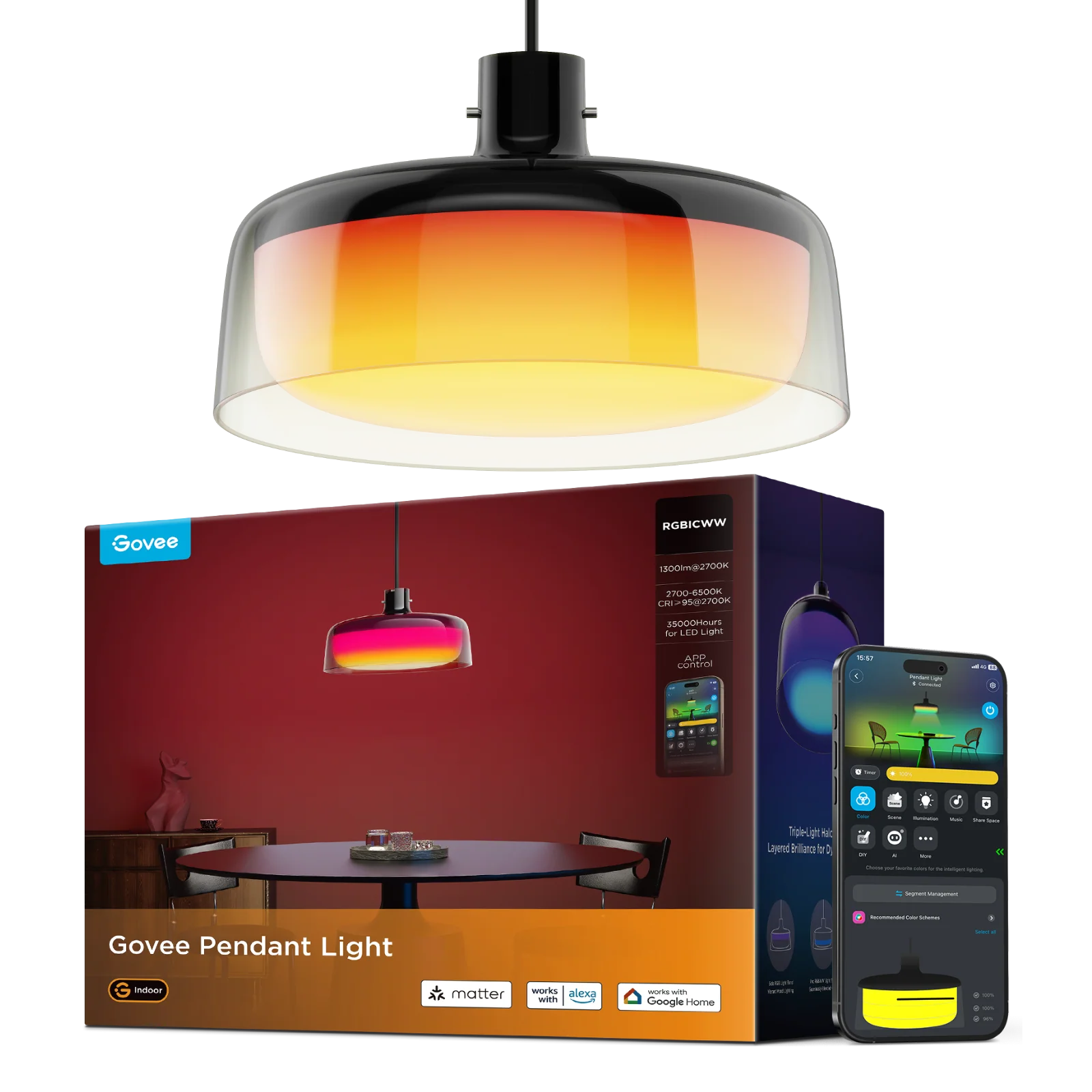 Lampa wisząca Govee z gradientem kolorów, pudełko i aplikacja na smartfonie.