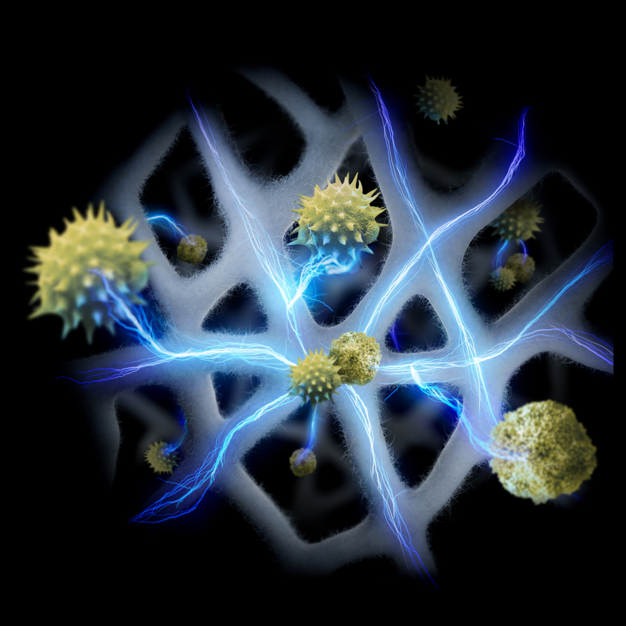 Żółte kuliste cząstki o kolczastej powierzchni na sieci z niebieskimi błyskawicami.
