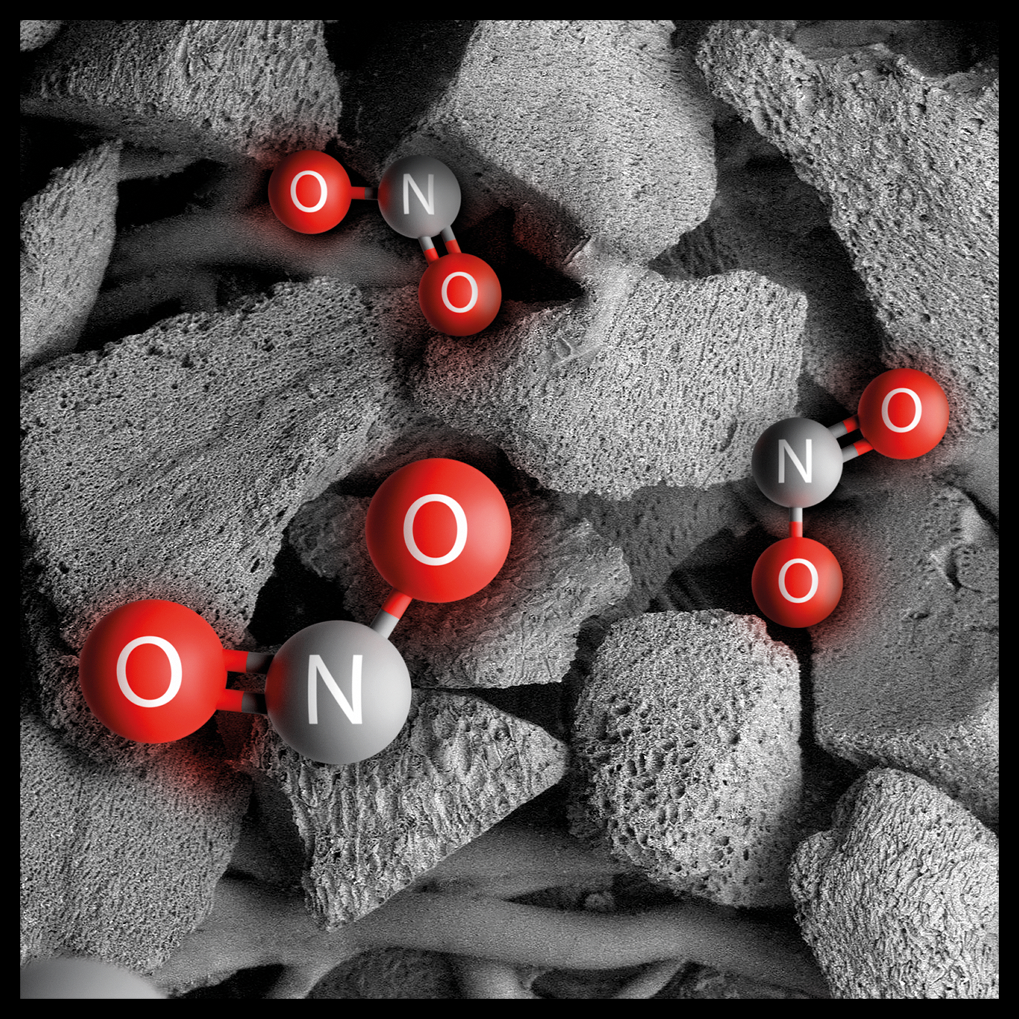 Cząsteczki NO2 na porowatej powierzchni.